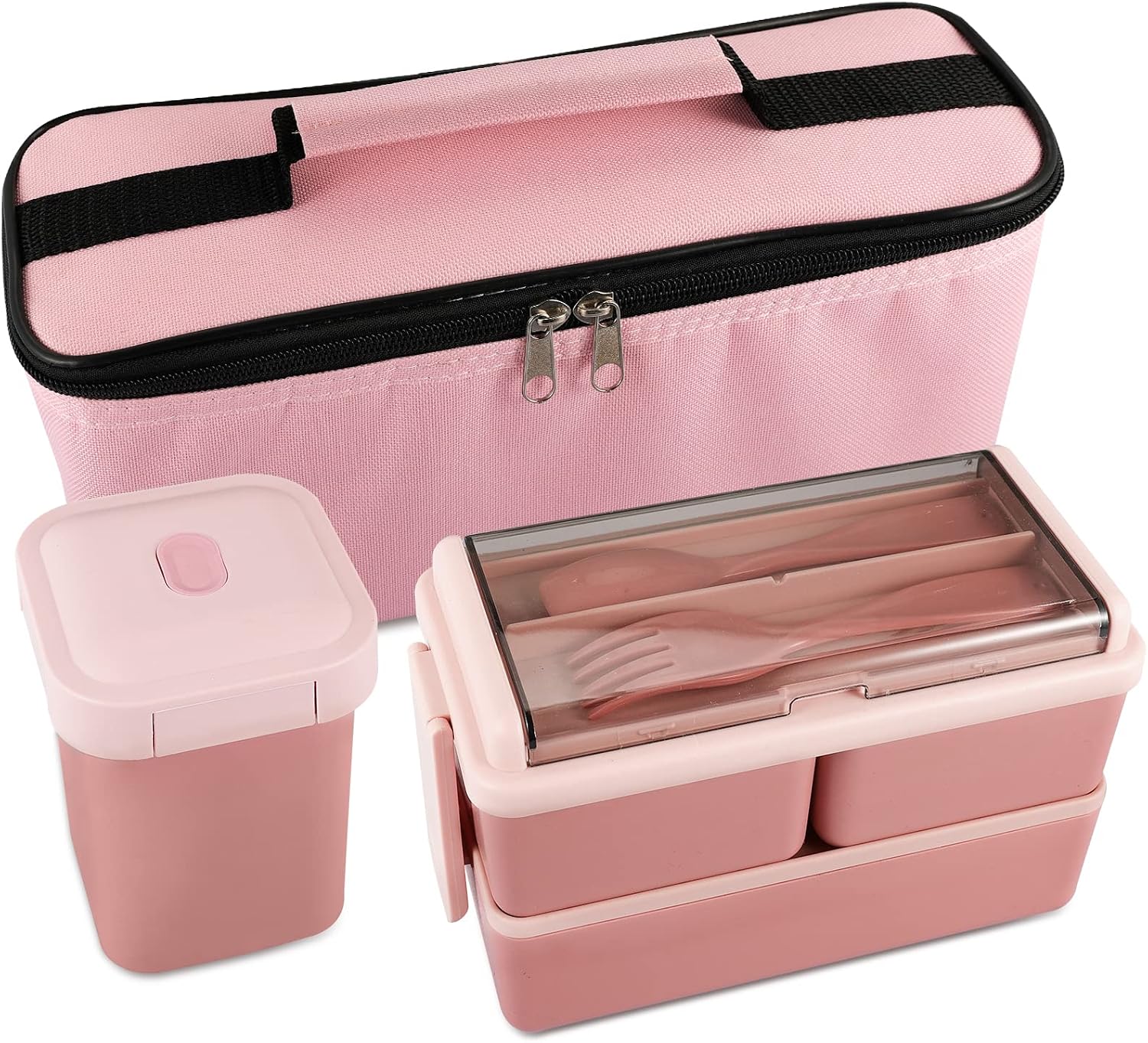 Bento Box Adult Lunch Box Kit, 1.4L All-in-One Bento Boxes for Adult with 500ML Soup Container, Leak-Proof Bento Lunch Box, Stackable Lunch Container Microwaveable, Dishwasher and Freezer Safe, PInk