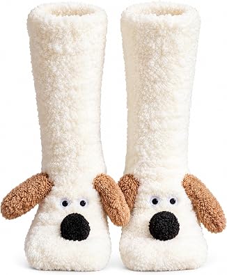 Cute Puppy Plush Slipper Socks for Women, Non-Slip Fuzzy Sock Boots