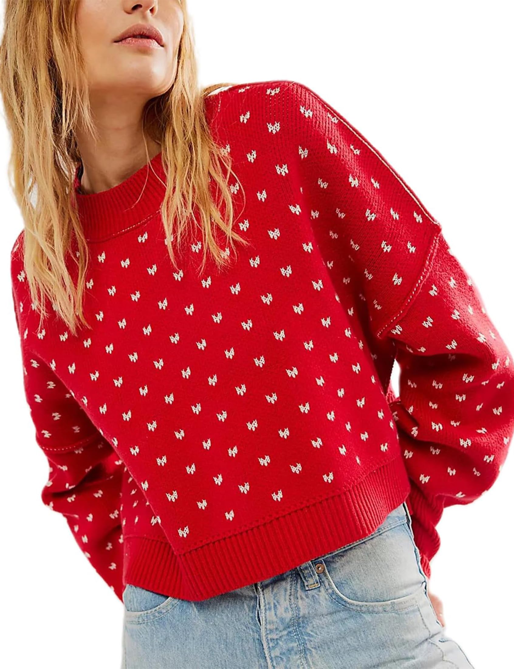 Womens Cropped Pullover Sweater Polka Dot Chunky Knit Sweater Floral Printed Crewneck Long Sleeve Fall Winter Outfits