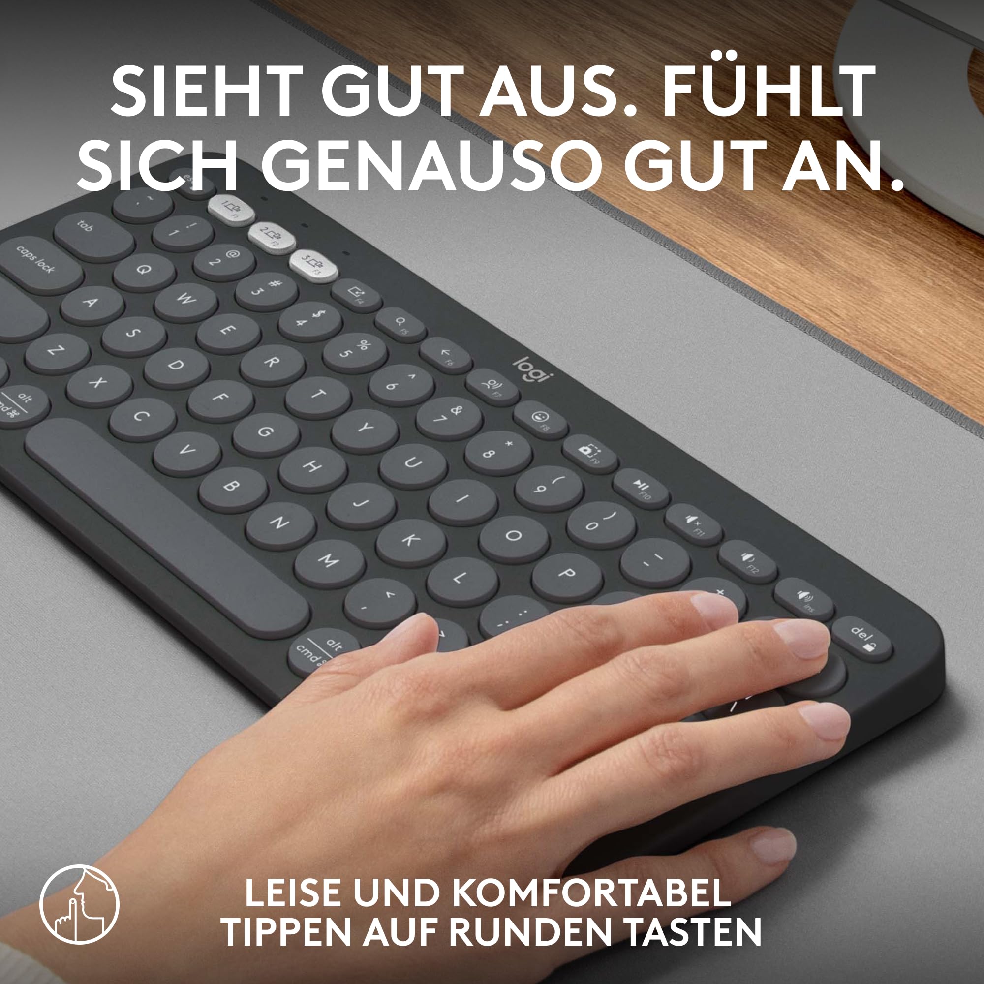 Logitech Pebble Keys 2 K380s, kabellose Multi-Device Bluetooth-Tastatur mit anpassbaren Sondertasten, schlank, mobil, Easy-Switch - Windows, macOS, iPadOS, Android, ChromeOS, Deutsches QWERTZ-Graphit