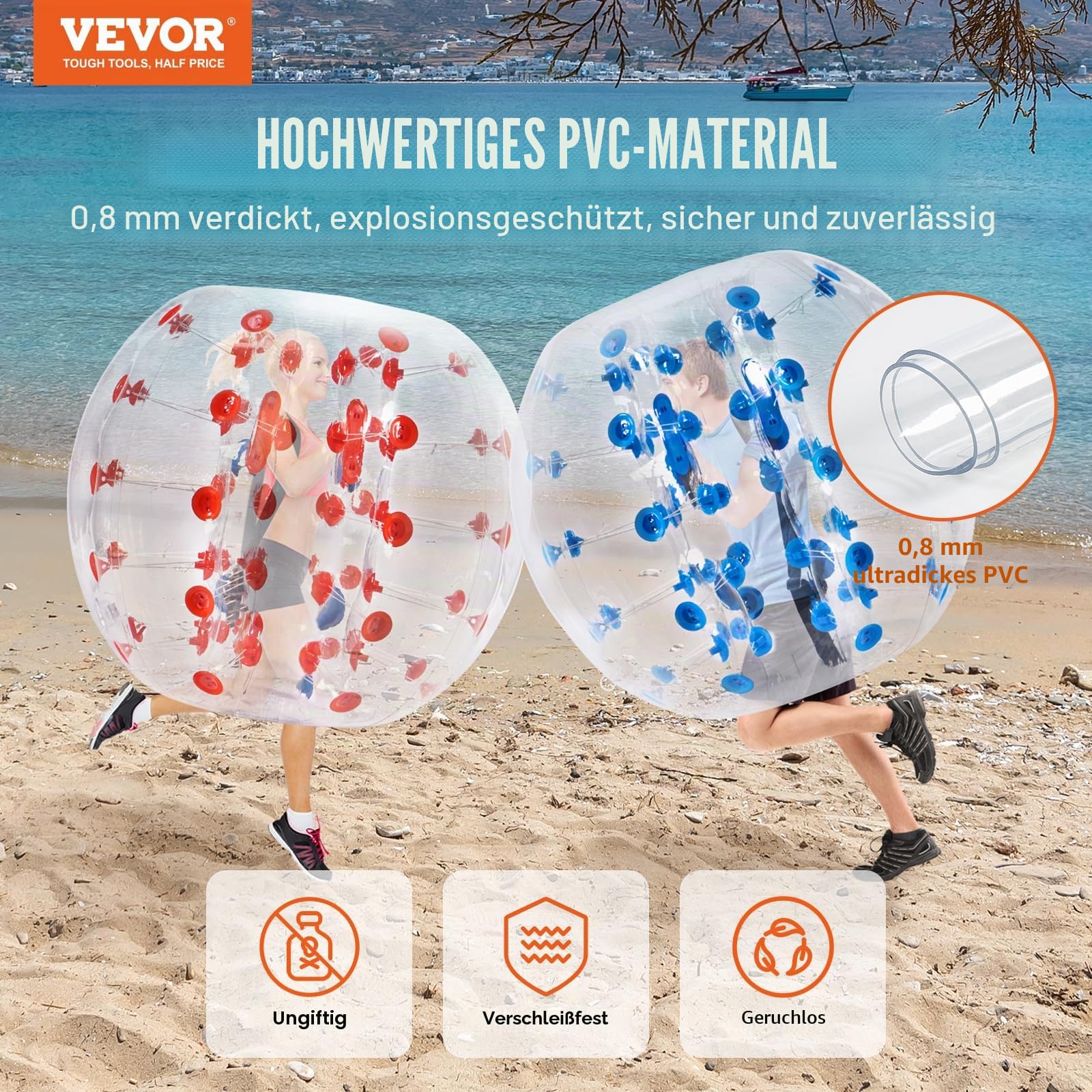 VEVOR Aufblasbarer Bump Ball Bumper Stoßball 2 STK. 1,2 m x 1,03 m, Menschlicher Kollisionsball, PVC-Körperblasen-Bounce-Ball für Outdoor-Aktivitäten, Rote+Blaue Punkte/Transparent