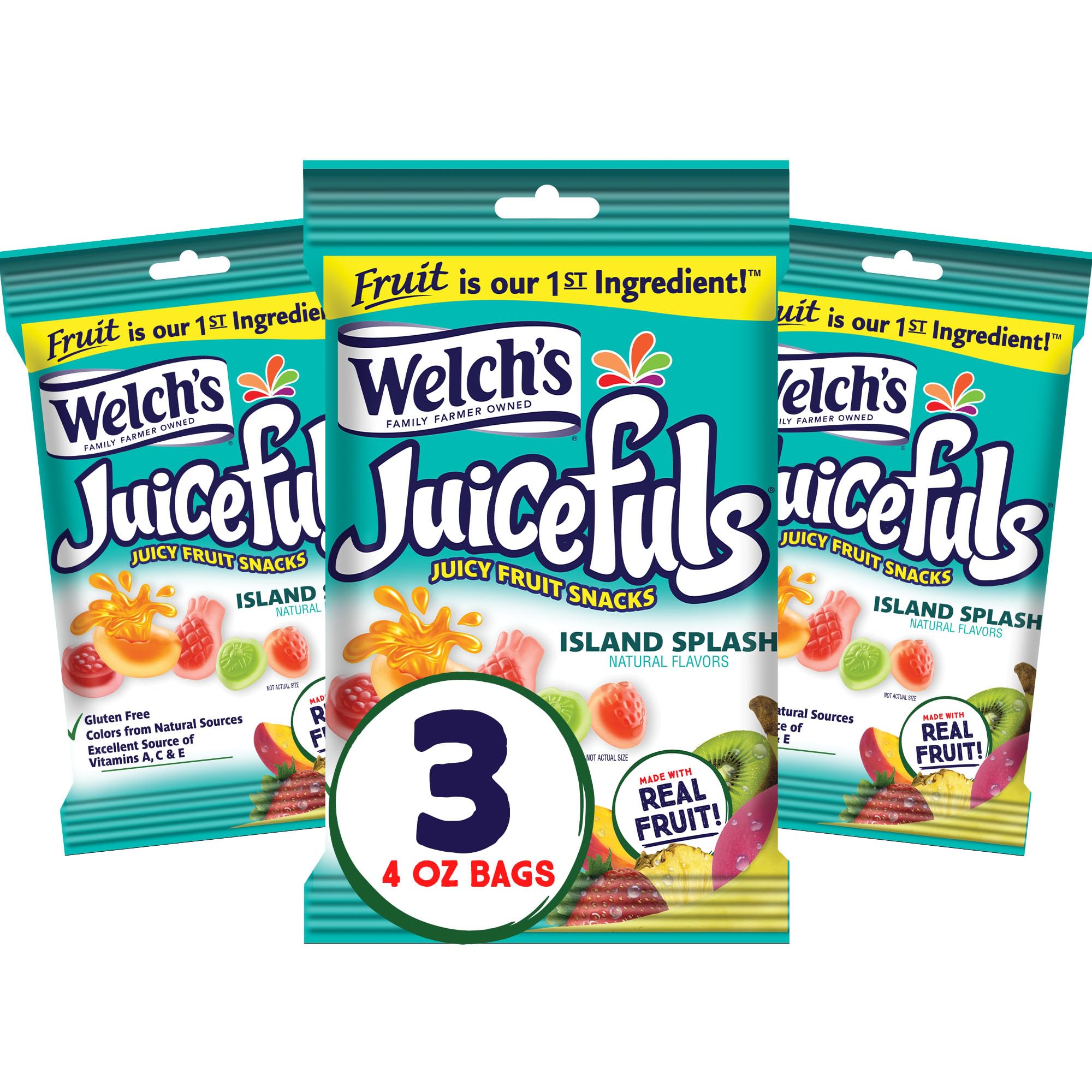 Juicefuls Juicy Fruit Snacks, Island Splash, Fruit Gushers, Gluten Free, 4 Oz Sharing Size Bags (Pack of 3)