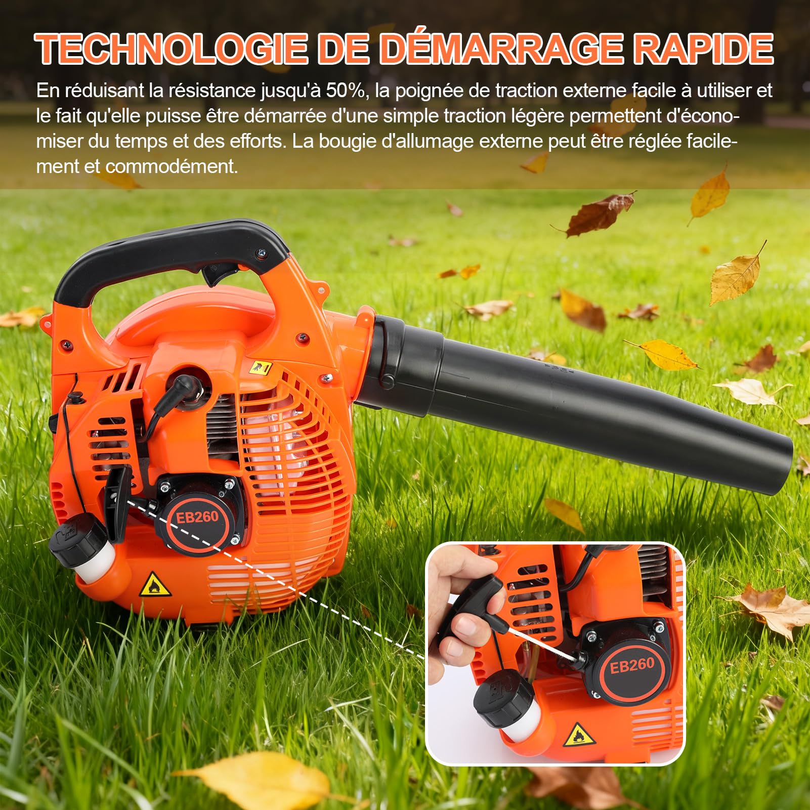 Souffleur Thermique Portable 26CC, Souffleur à Feuilles à Moteur Puissant, Souffleur à Essence pour Jardin (Orange)
