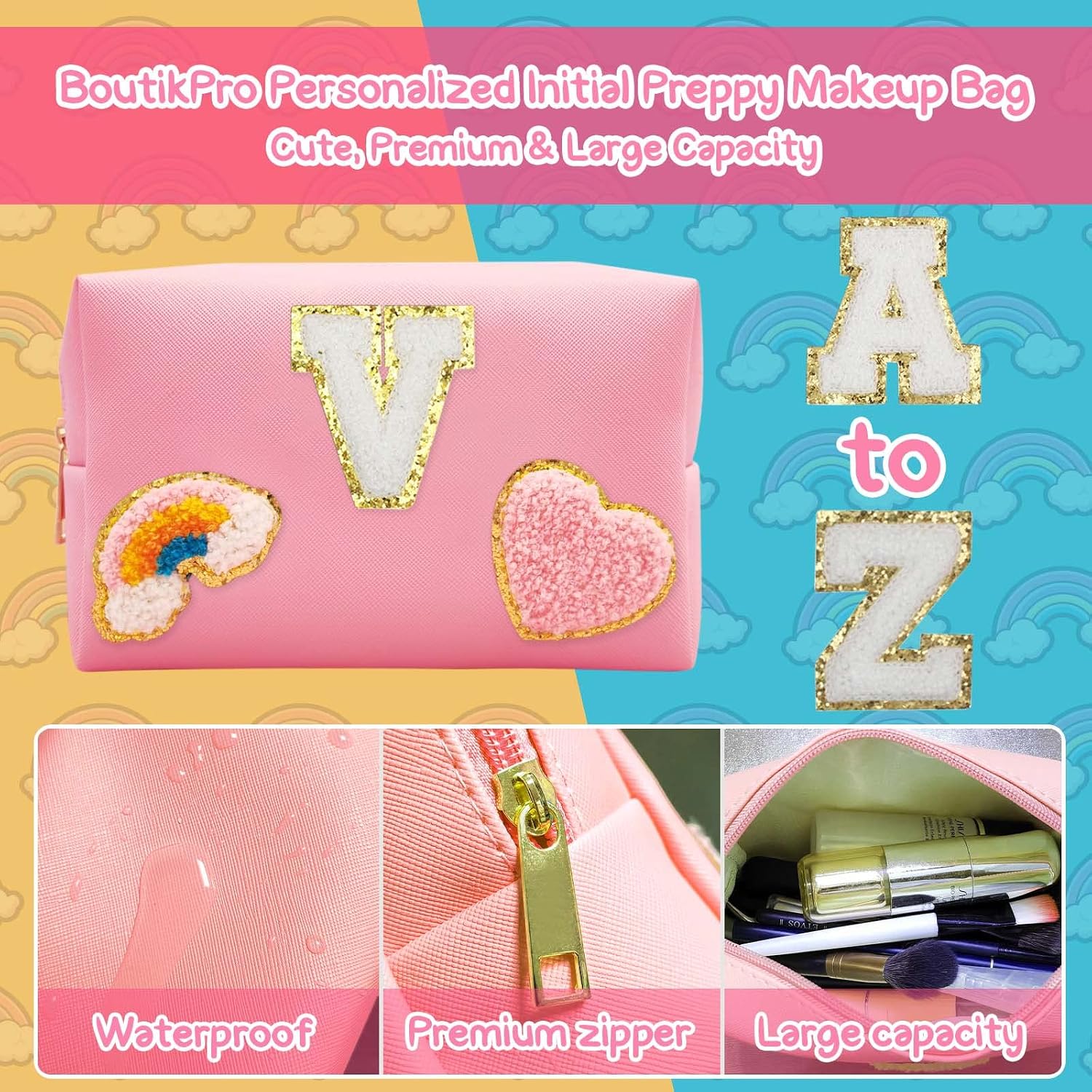 Personalized Inital Preppy Makeup Bag Set with Zipper, Monogram Waterproof Travel Cosmetic Bag for Women, Cute Preppy Patch Toiletry Bag for Traveling Outdoors, Gift Ideal for Christmas Thanksgiving image 3