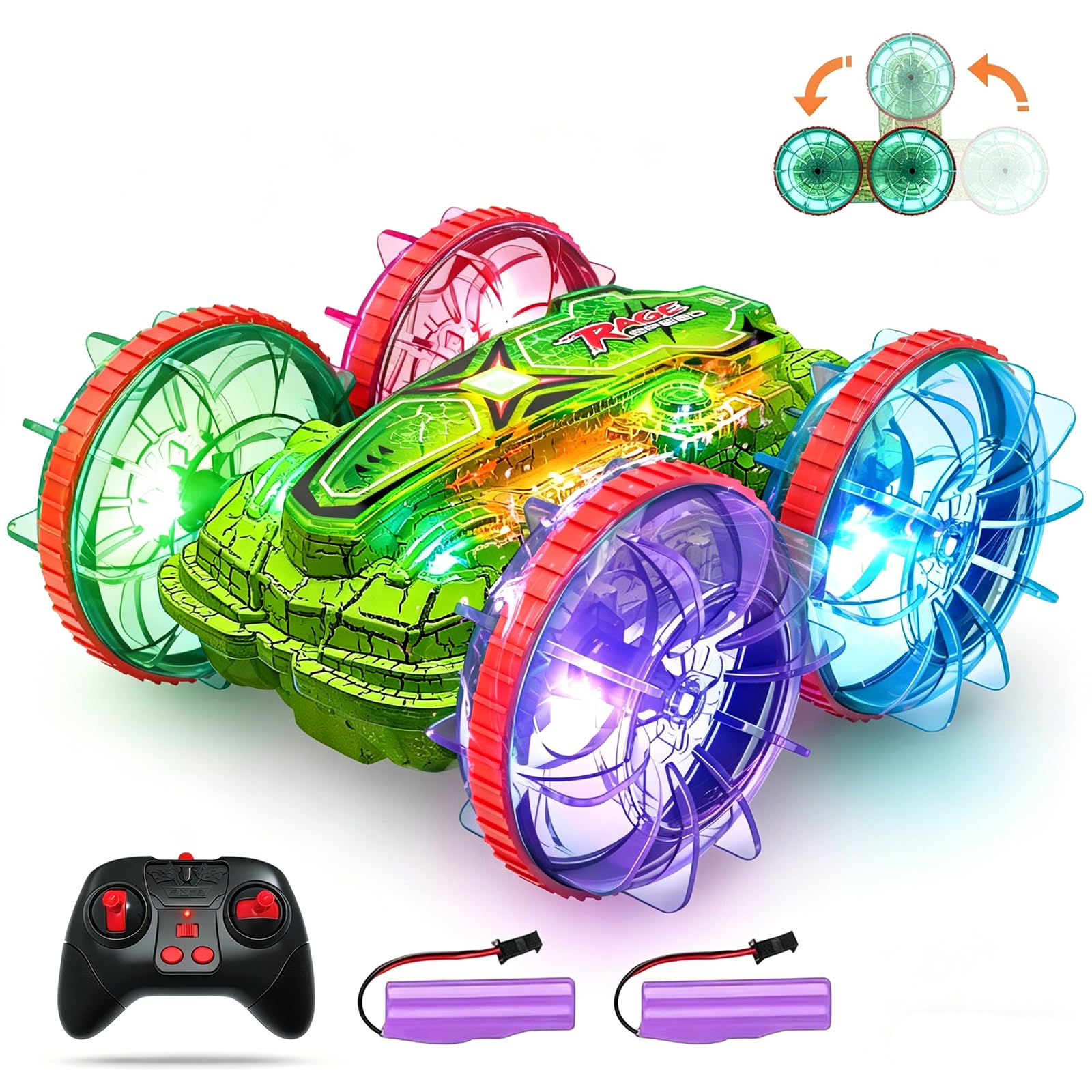 Ferngesteuertes Auto Amphibienfahrzeug Kinder, RC Auto Wasser & Land mit 2 Akku, 360° Drehung, Doppelseitiges Fahren, LED Licht, 2.4GHz RC Truck für Kinder ab 6 7 8 9 10 11 12 Jahre Jungen Mädchen