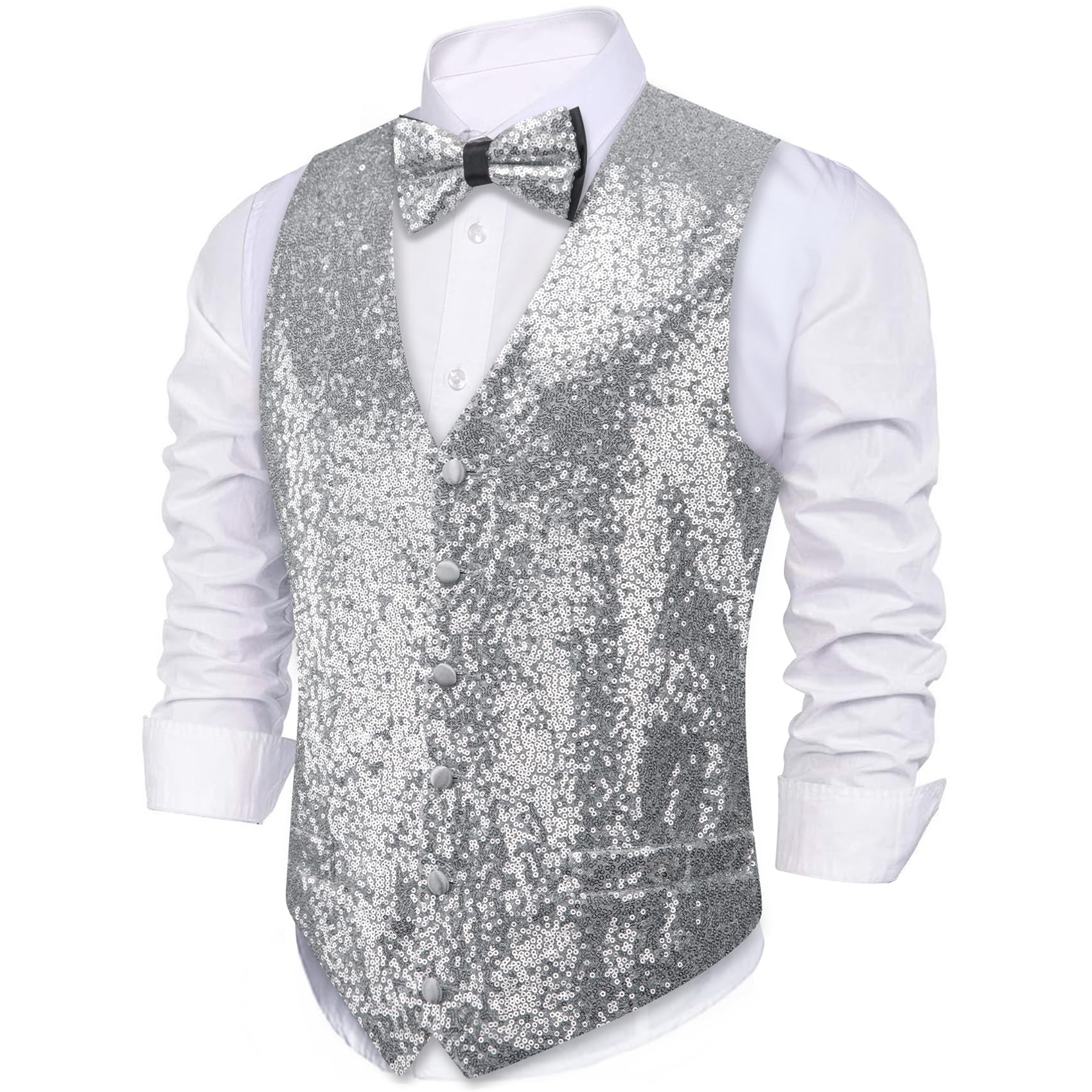 Barry.Wang Set di gilet da uomo con paillettes lucide, papillon, vestito casual scintillante, per festival, discoteca, feste, balli