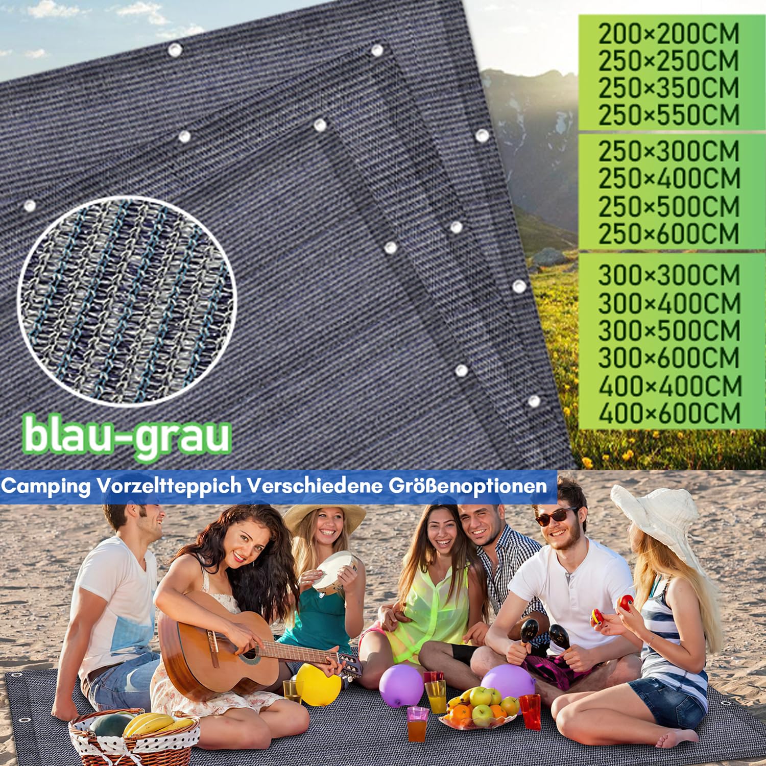 Vorzeltteppich Campingteppich Outdoor Atmungsaktiv rutschfest Waschbare Schimmelfrei UV-Stabilisiert mit 12 Löchern, 13 Heringe und Tragetasche