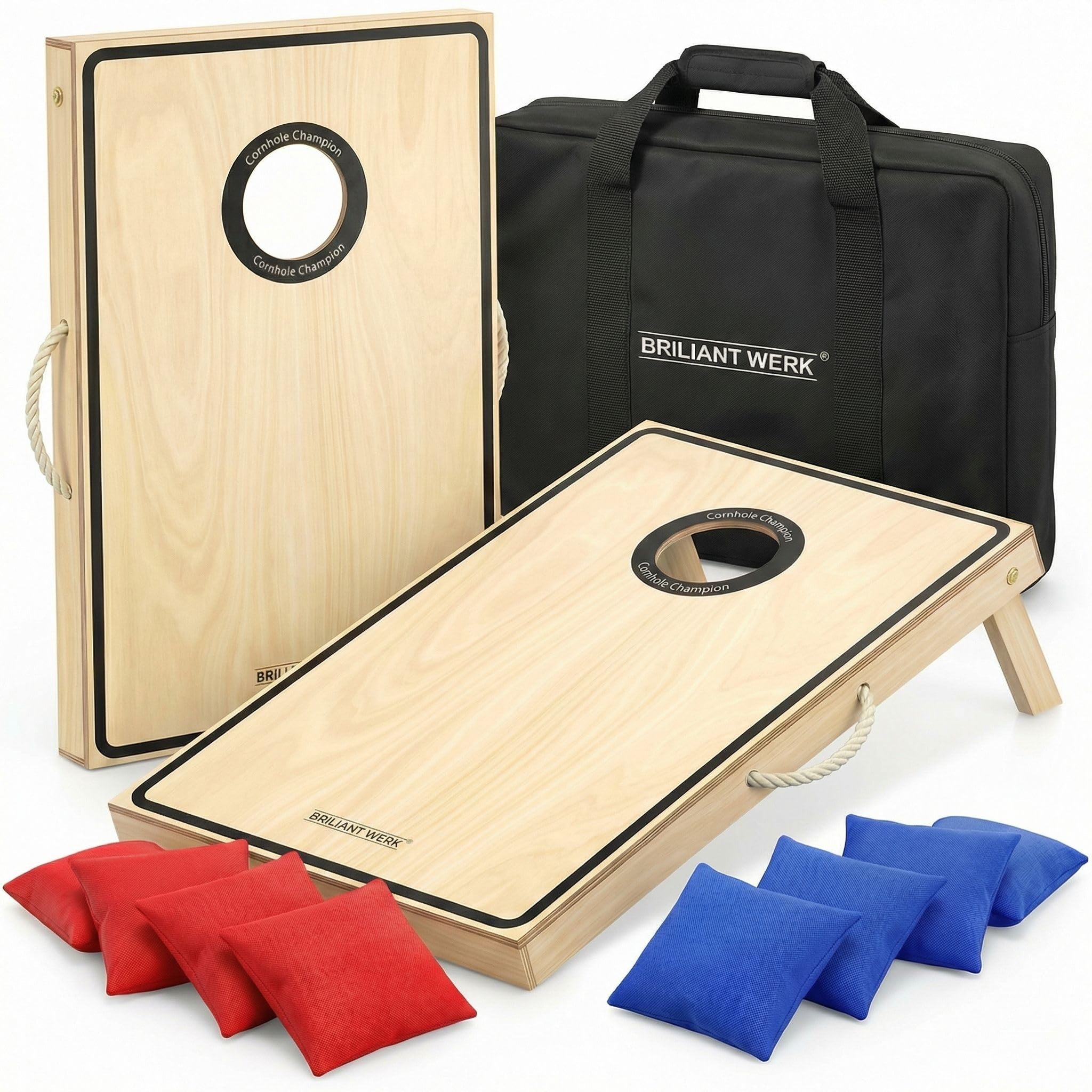 Briliantwerk® Cornhole Spiel Outdoor – Hochwertiges 11-teiliges Echtholz Wurfspiel | Sackloch Spiel für Erwachsene & Kinder | Bean Bag Game für Draußen (lackiert)