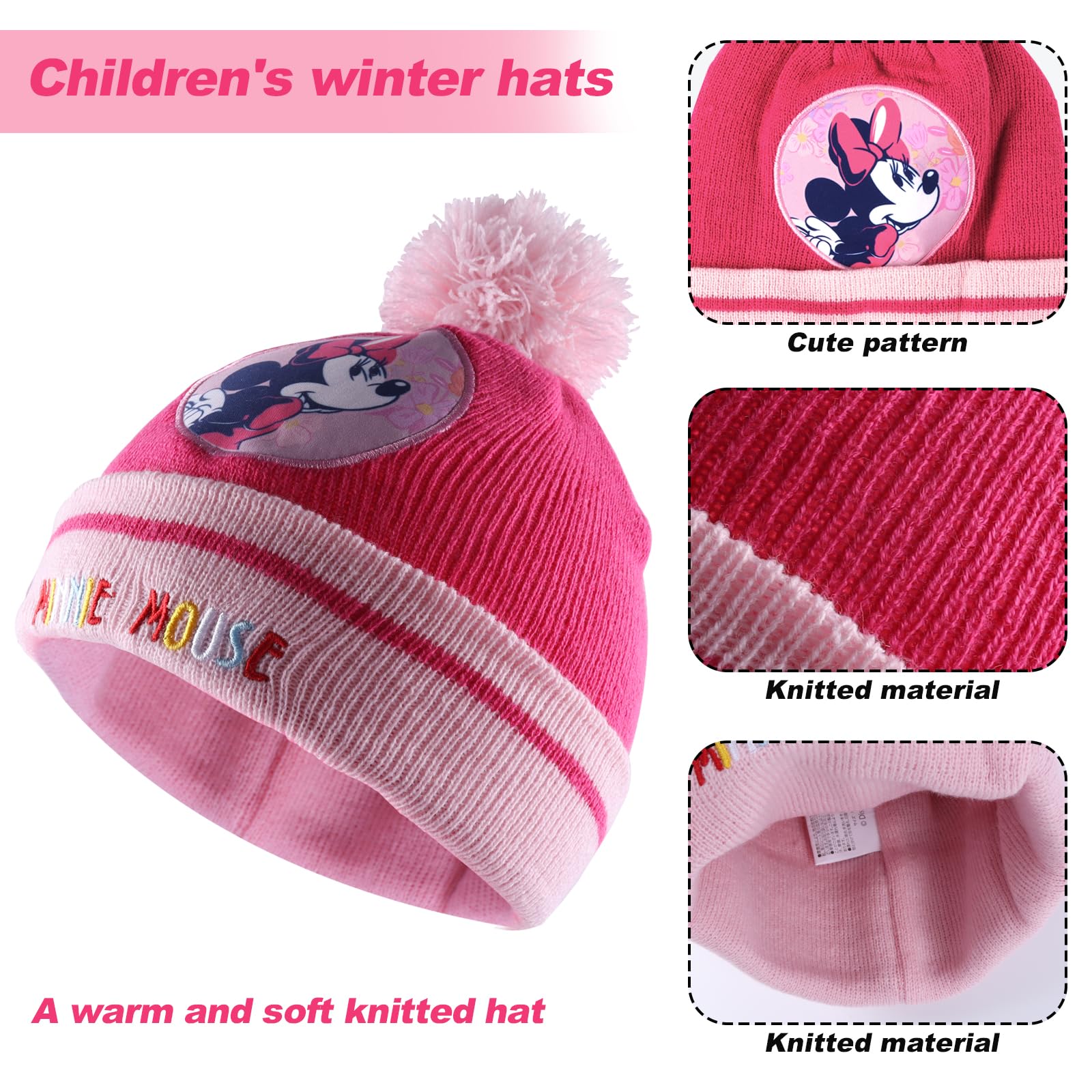 VOENCSU Cappello Invernale Minni, Guanti Minni Bambina, Sciarpa Minni, Cappello e Sciarpa Minni Invernale Adatto Bambina