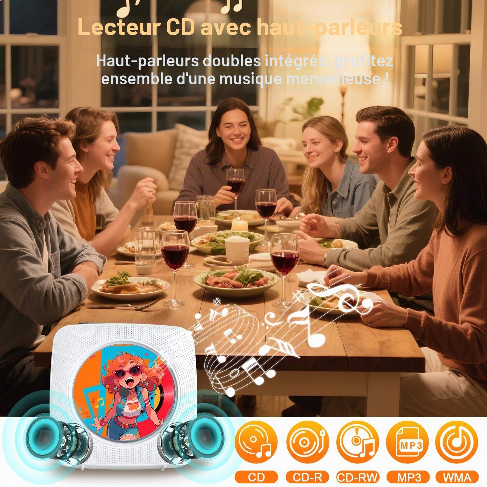 Gueray Lecteur CD Portable Enfant : Lecteurs CD Bluetooth pour la Maison avec Haut-parleurs Batterie 1800 mAh Télécommande Couvercle Anti-poussière Amovible Lecteur CD Mural avec Radio USB AUX Blanc