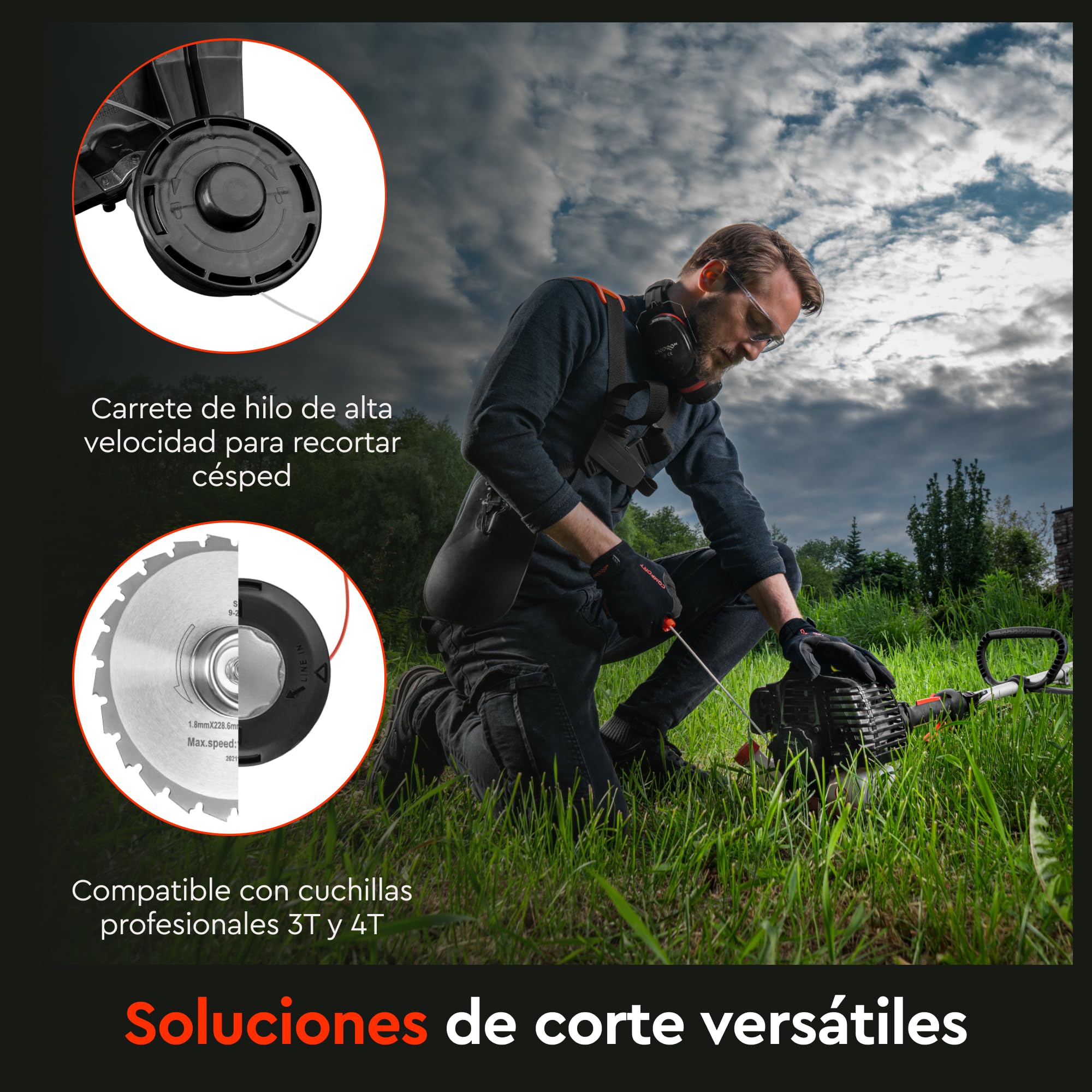 Desbrozadora de Gasolina, 32,6 CC, 1 kW (1,5 HP), Hilo 430 mm, Disco de Acero 255 mm, 7,1 kg, Arnés Mochila, Empuñadura Tipo D y Easy Start - 33M