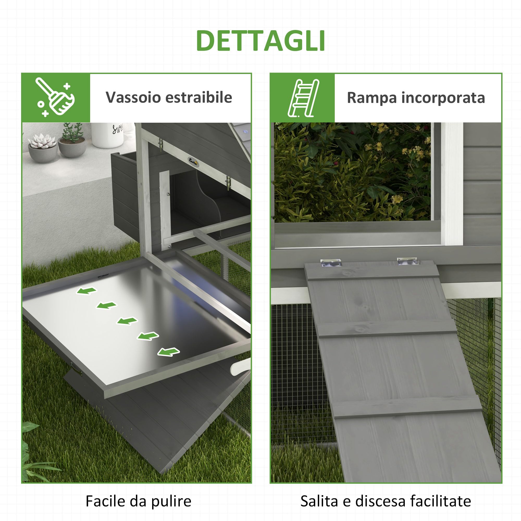 PawHut Pollaio in Legno con 2 Nidi, Pollaio per Galline Ovaiole da Esterno, Casetta per 4-6 Galline con Rampa e Area Aperta Recintata, Facile Pulizia, 310.5x149.5x149 cm, Grigio