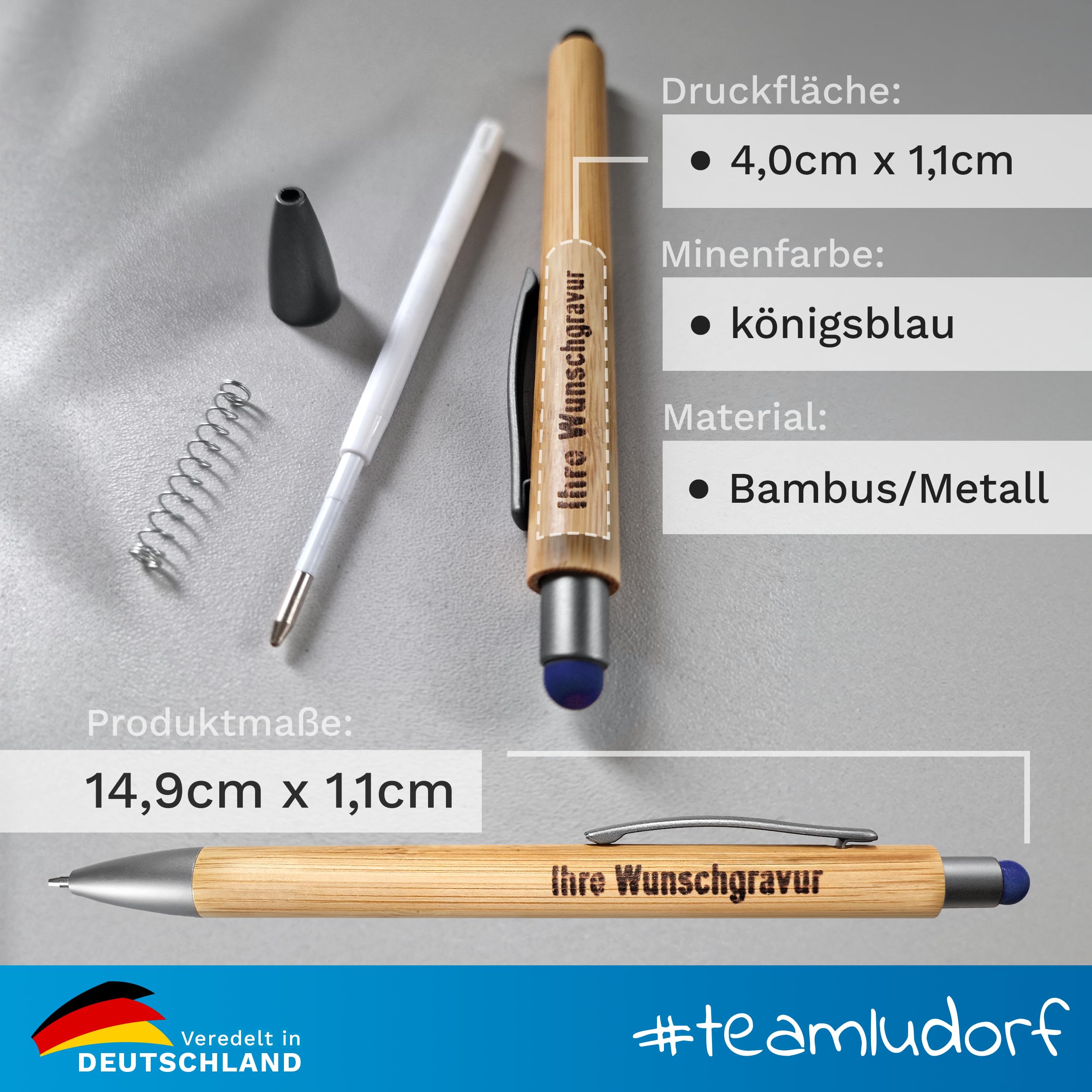 50x Bambus Kugelschreiber mit Touchfunktion mit Lasergravur, Umweltfreundlich, Blaue Mine - Ideal für Werbegeschenke Personalisierbar, Farbe: Blau