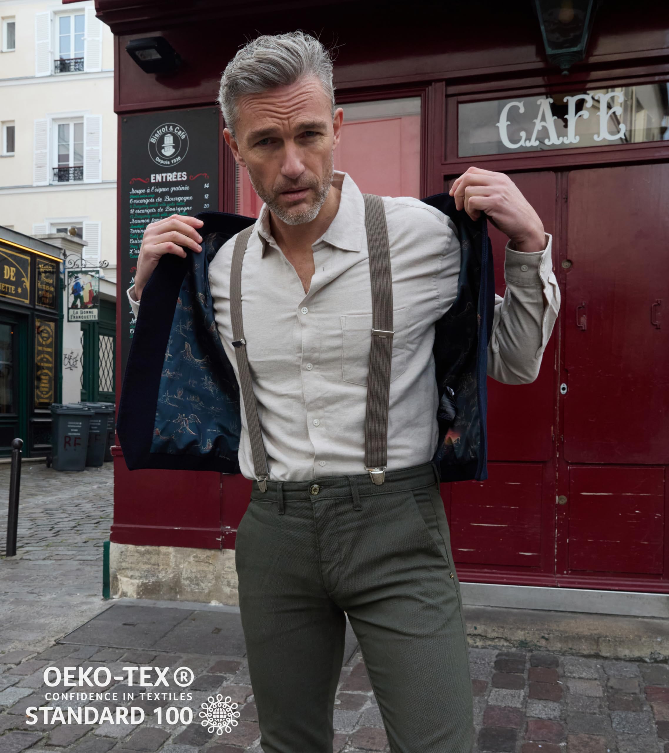 Bretelles Homme Larges PIERROT Made in France - Elastique Ultra Résistant 4 Clips Extra Fort Taille Ajustable 130cm Garantie à Vie