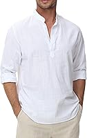 VANCOOG Men's Cotton Linen Henley Shirt Long Sleeve Casual Beach Hawaiian Top Lightweight Breathable