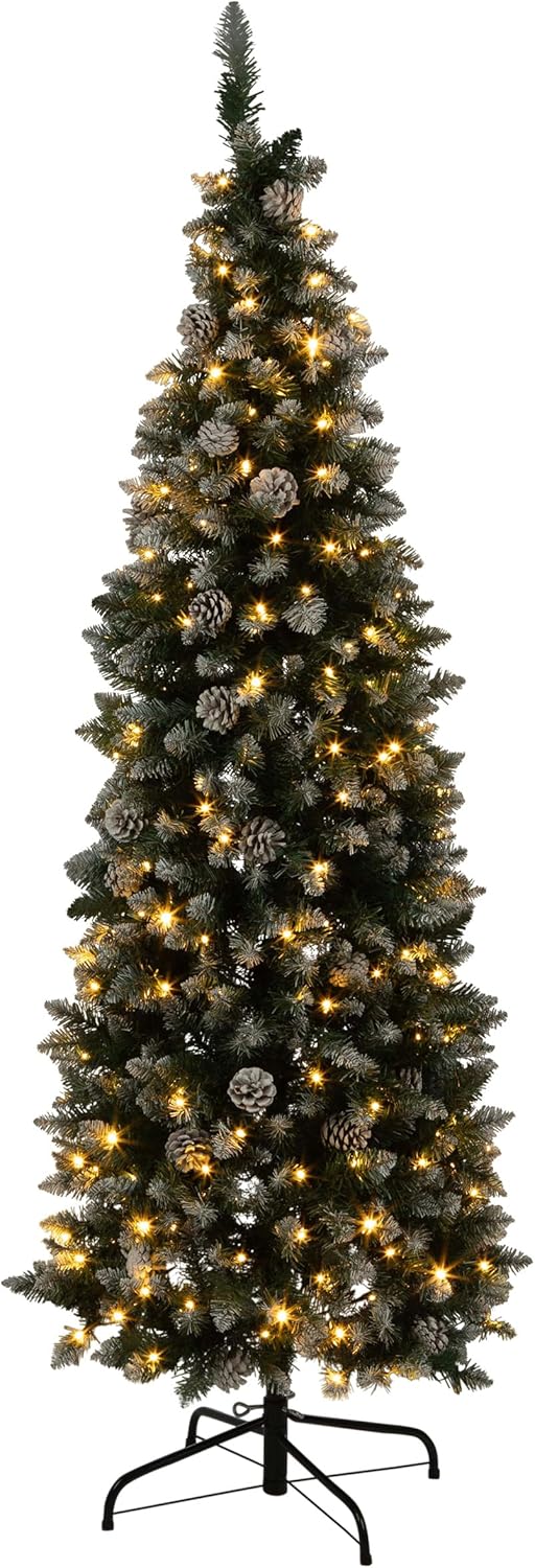 Elf Stor 6ft Prelit Pencil Christmas Tree - Flocked Spruce Tree with Stand