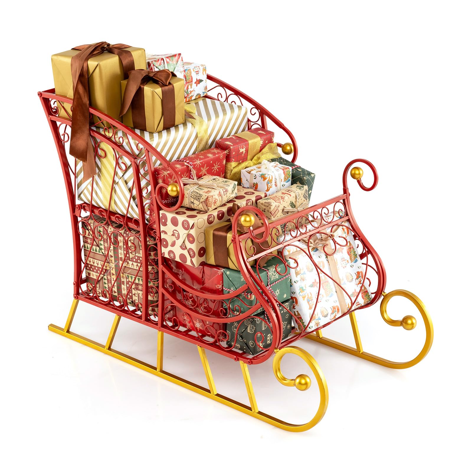COSTWAY Trineo de Navidad de Metal, 85 x 42 x 61,5 cm, Trineo de Papá Noel de 2 Niveles para guradar Regalos Navideños, Carritos Trineos Decorativos, Adornos de Navidad para Interior, Diseño Calado