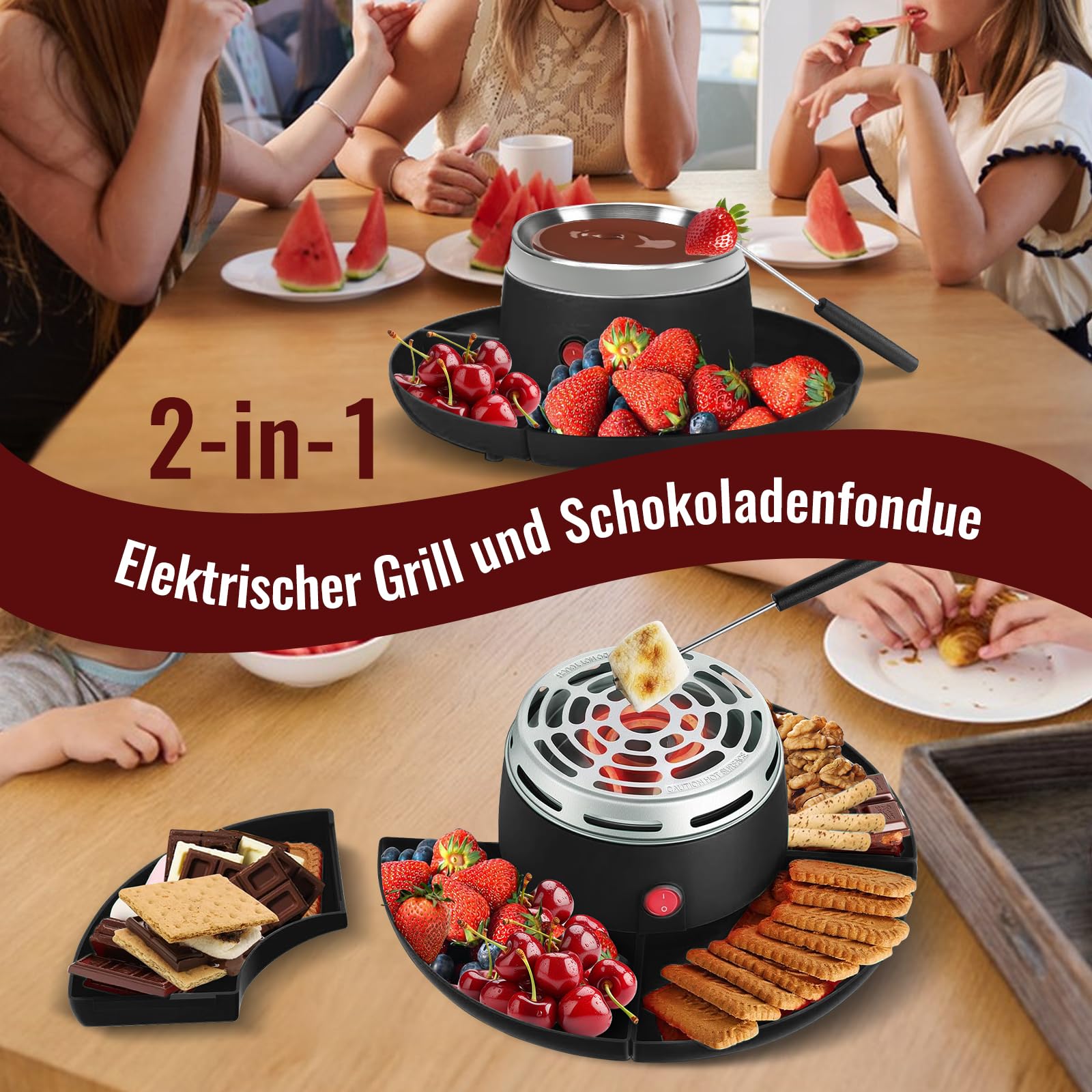S'Mores - Juego de fondue de chocolate 2 en 1, tostador eléctrico de malvavisco con control de temperatura y 10 accesorios 280 W, modelo de mesa interior S'Mores, kit para fiestas, noches de