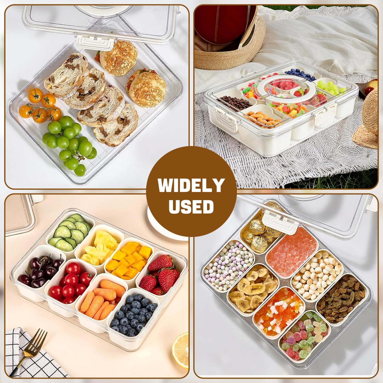 Caja Aperitivos con 8 Compartimentos y Tenedores, Bandeja Snack con Tapa y Asa, Organizador para Caramelos, Frutas, Galletas, Verduras, Frutos Secos – Ideal para Cocina (Viene con un tenedor)