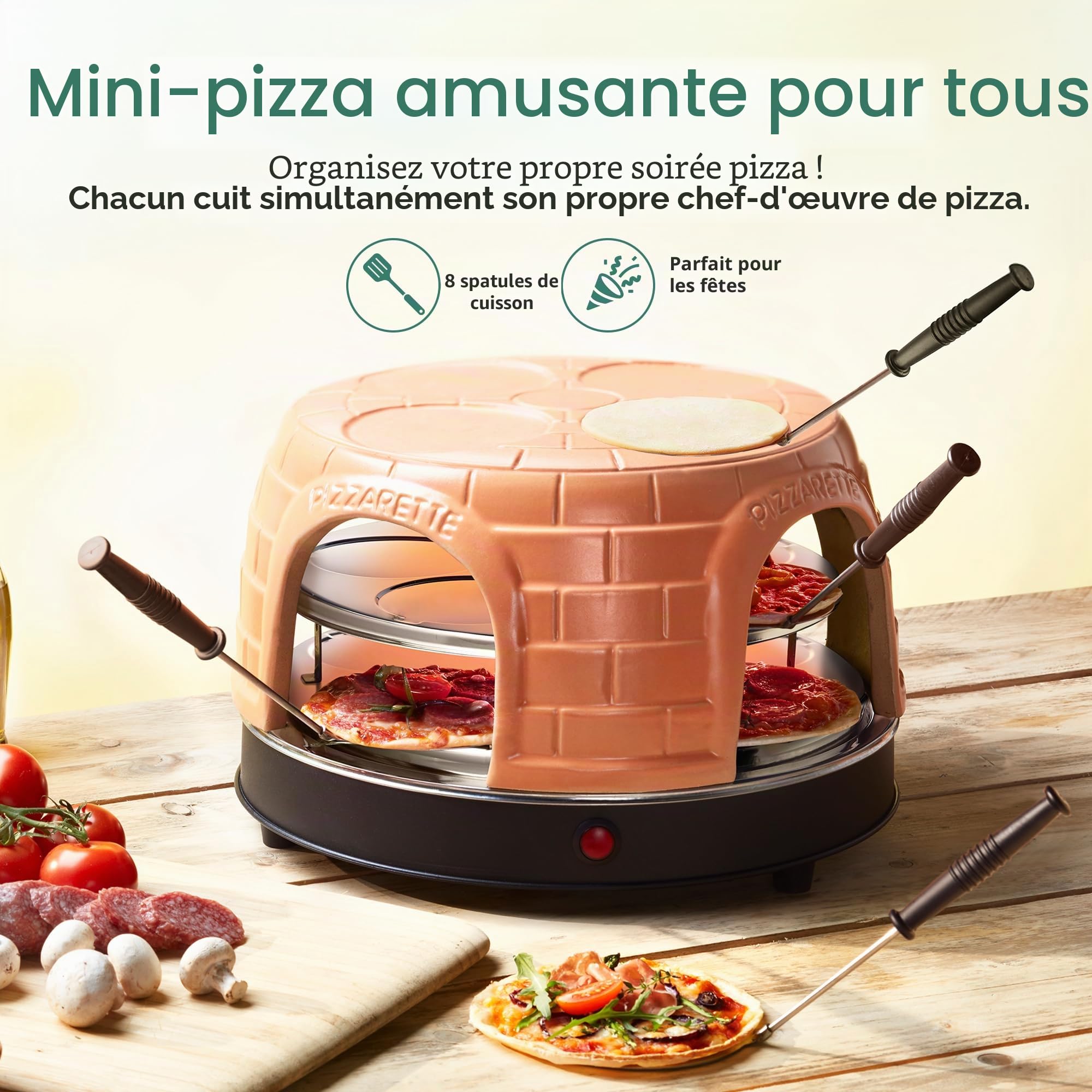 Emerio PO-116124.1 Four à pizza, couvercle en terre cuite, fait à la main, design breveté, pour mini pizza, véritable plaisir en famille pour 8 personnes