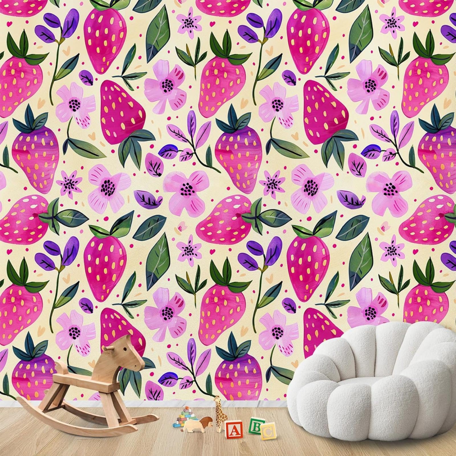 hgjdjhnf Photo Wallpaper Strawberries and Flowers Fruits Girls Non-Woven ModernLiving Room Bedroom Children's RoomDecoration Motif Wallpaper,150cmx105cmSticker - Background- Painting -