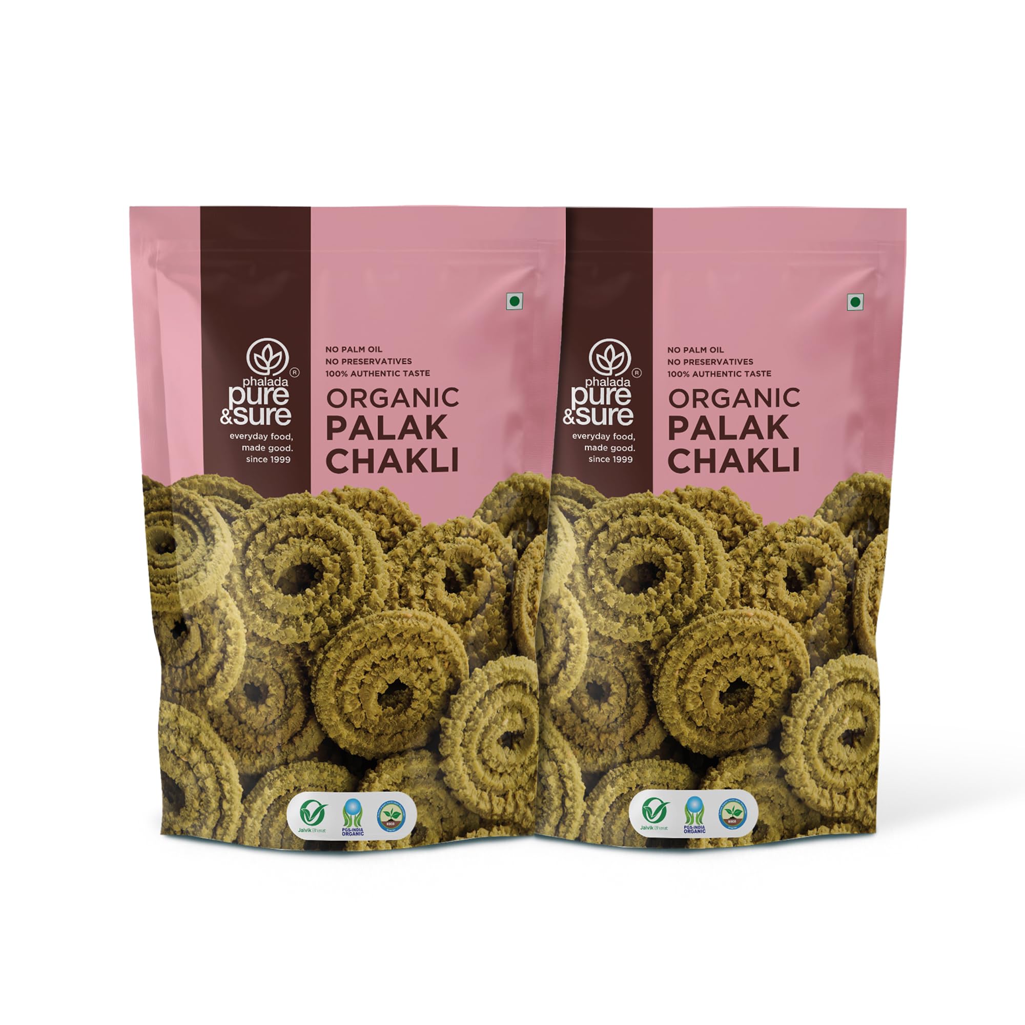 Pure & Sure Organic Palak Chakli-240gm | Delicious Crunchy Namkeen & Snacks | Ready to Eat Tea Time Snacks, Cholesterol Free, No Trans Fats, No Preservatives| 120gm each (Pack of 2)