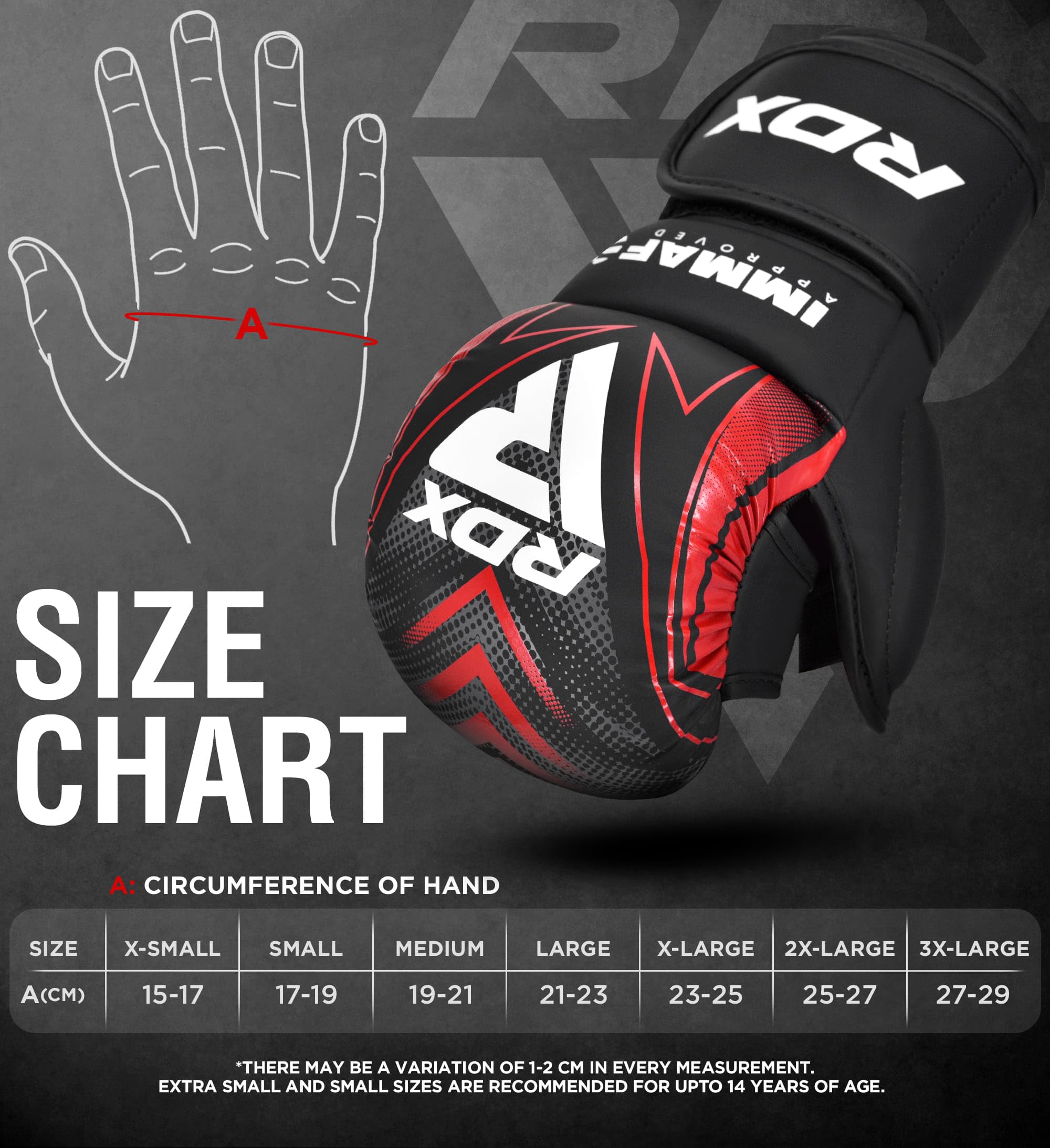 RDX Guantes de combate aprobados por IMMAF, diseño híbrido de grado profesional para nivel de competición y entrenamiento, palma abierta ventilada, correas de muñeca ajustables, artes marciales Muay