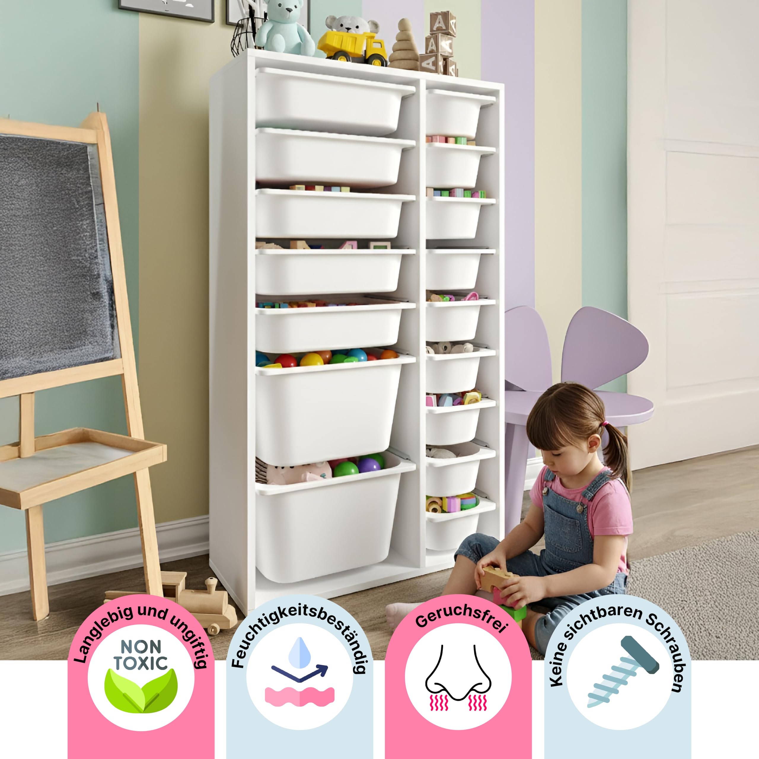 LEOKIDS Spielzeugaufbewahrung mit 16 Boxen – Kinderregal Spielzeugschrank Organizer Weiß MDF