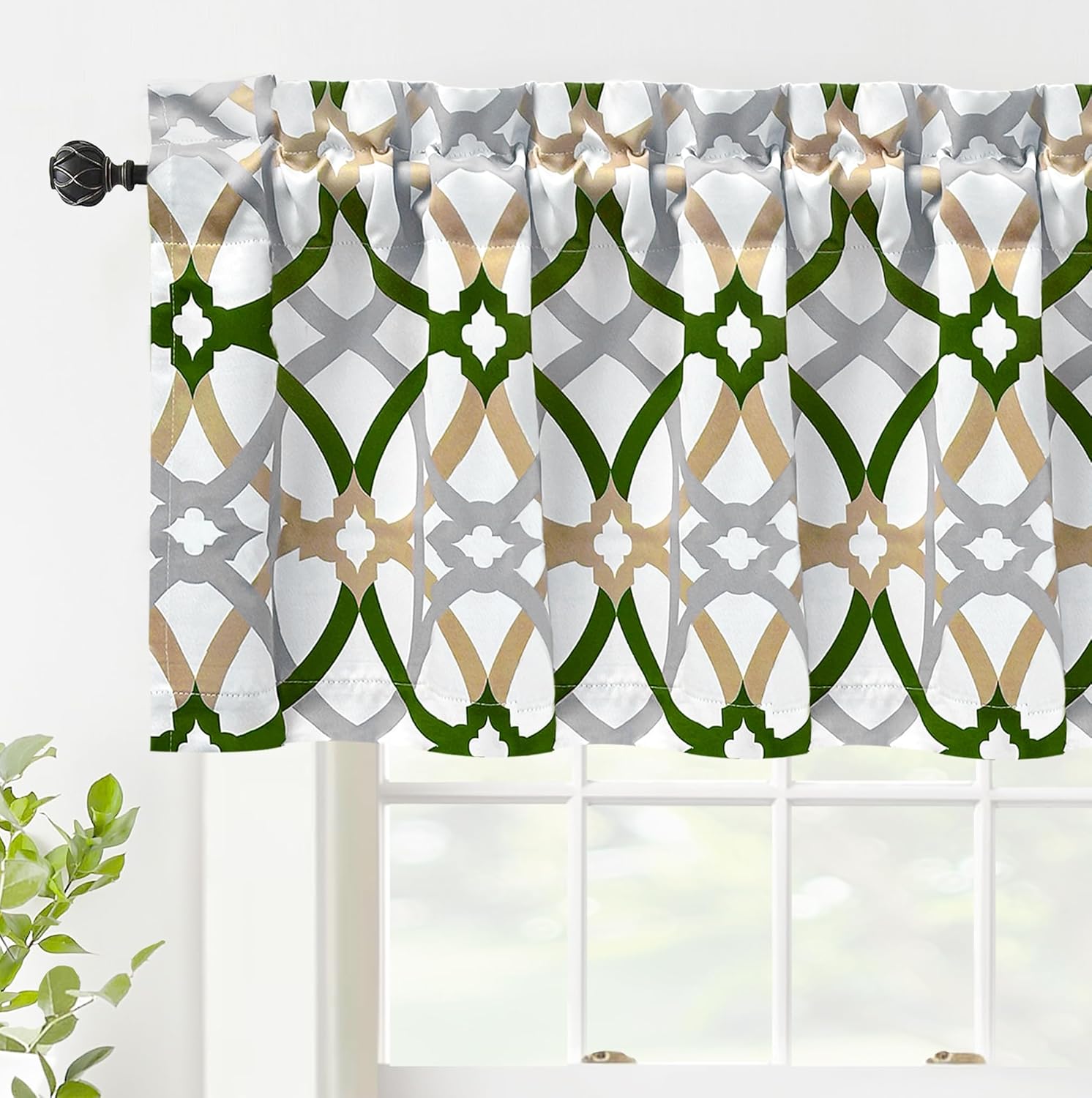 DriftAway Alexander Blackout Valances for Windows Thermal Insulated Kitchen Topper Geometric Moroccan Mid Century Pattern Match Thick Bathroom Curtain Valance Rod Pocket 52 Inch by 18 Inch Loden Green