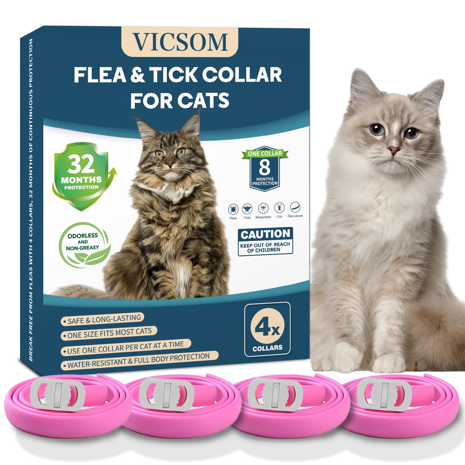 4 Pack Cat Flea Collar - Flea Collar for Cats Adjustable, Waterproof Flea and Tick Prevention for Cats and Kittens - 32 Months Protection - Flea and Tick Treatment - Pink