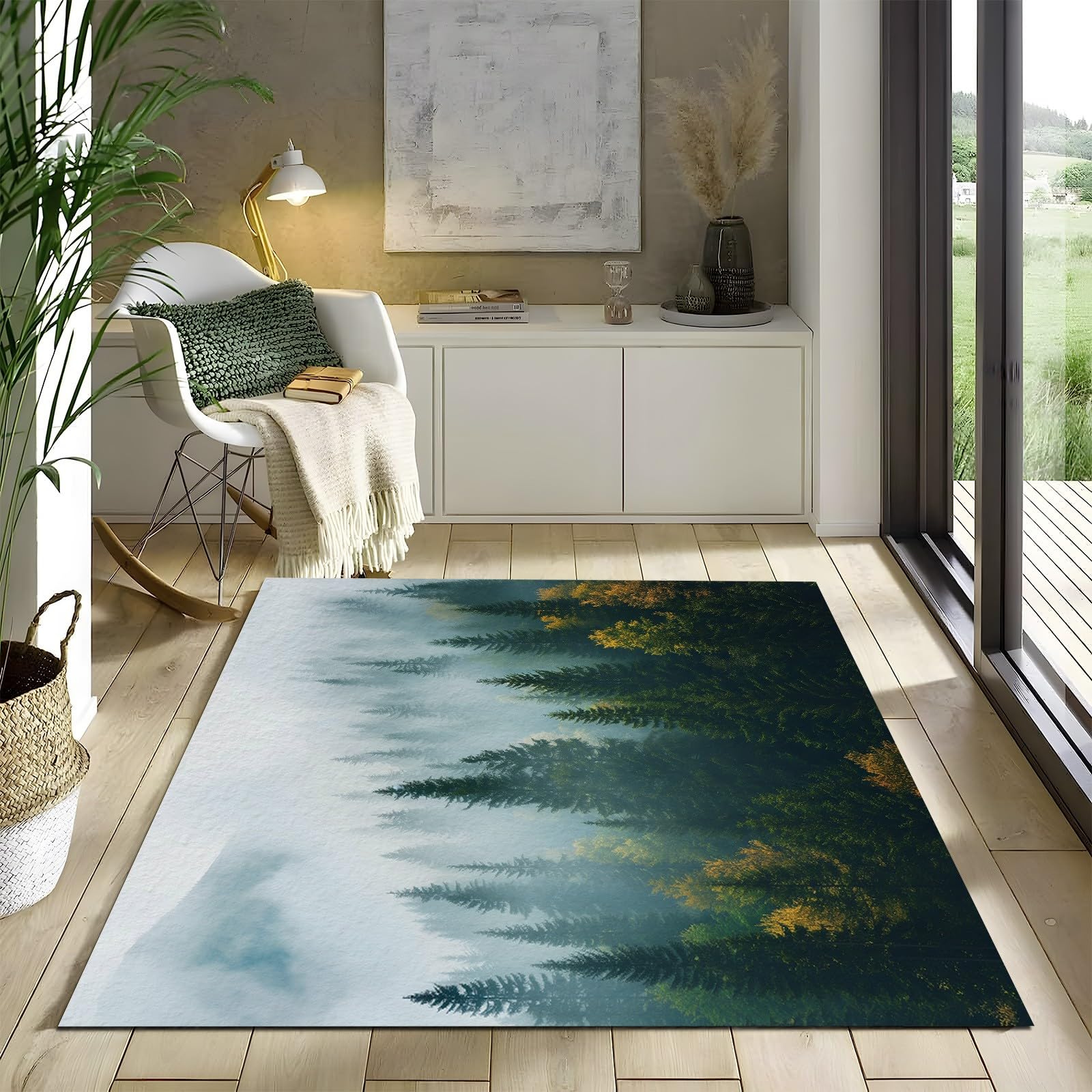 Franela Alfombras Antideslizantes 80x150cm Pintura de Paisaje de Paisaje Natural Alfombra Suave y Esponjosa que No se Desprende, Verde Alfombras Para Interiores Para Sala de Estar, Dormitorio, Comedor
