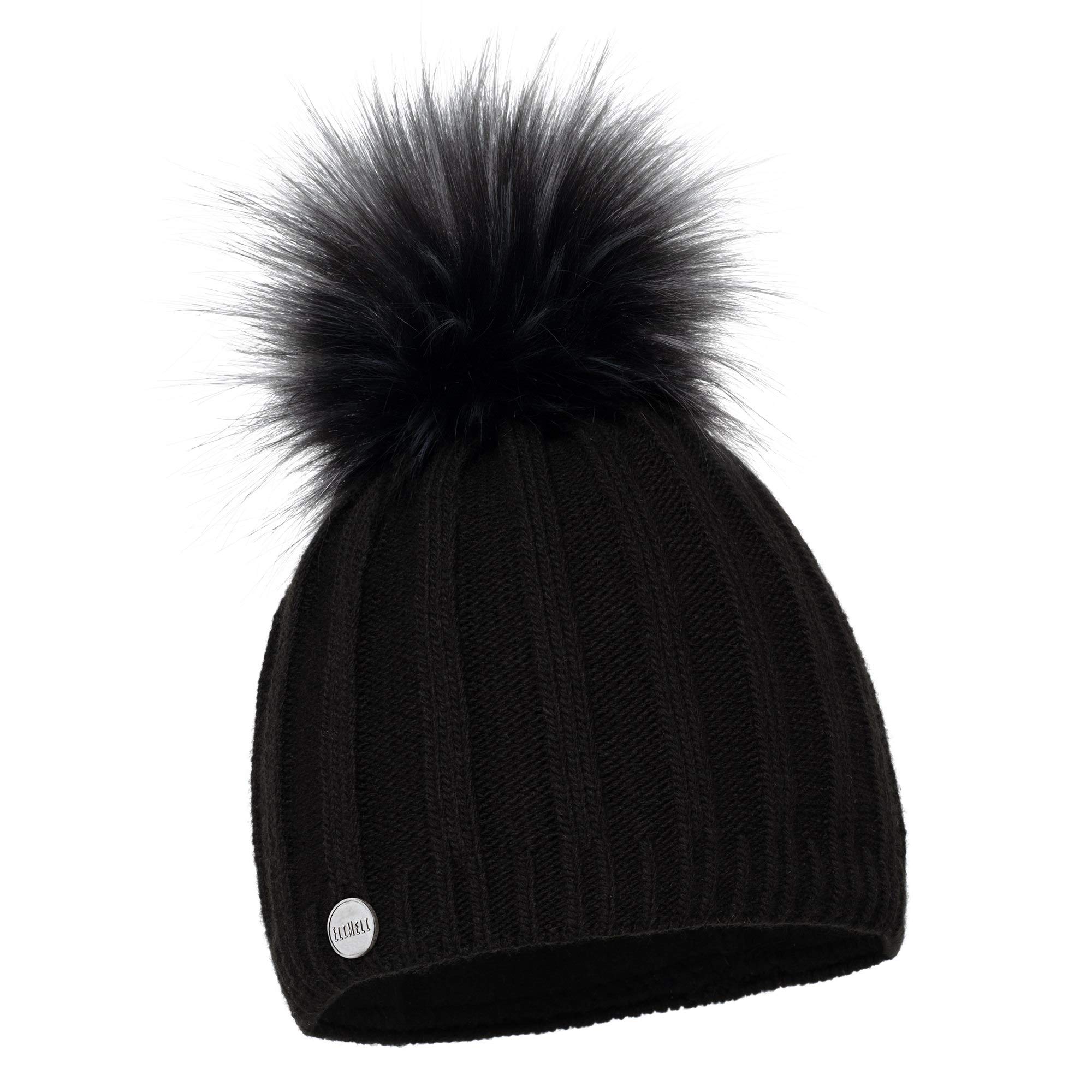 ELIMELI® Cashmere Hat Women's Winter Warm Knitted Wool Hat Winter Hat with Faux Fur Bobble Slouch Knitted Beanie Women for Winter Bobble Hat Made in EU, black, One Size Fits All