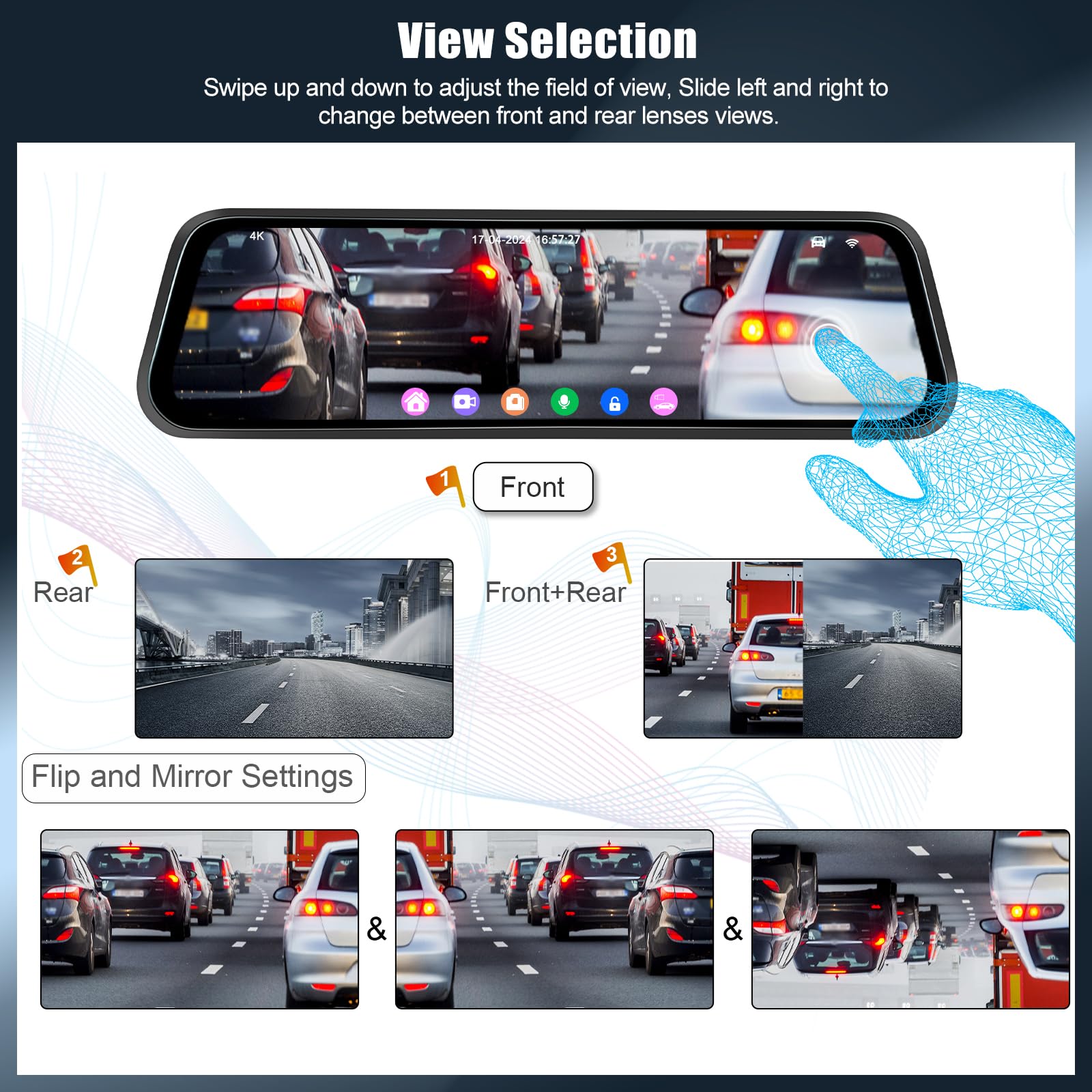 OiLiehu 9,66 Pollici Touchscreen 4K HD Mirror Dashcam con Telecamera Posteriore WiFi Dash Cam per Auto con G-Sensor/WDR/LCA/BSD/Monitor Parcheggio/Registrazione in Loop/Grandangolo 150°/Visione Nott
