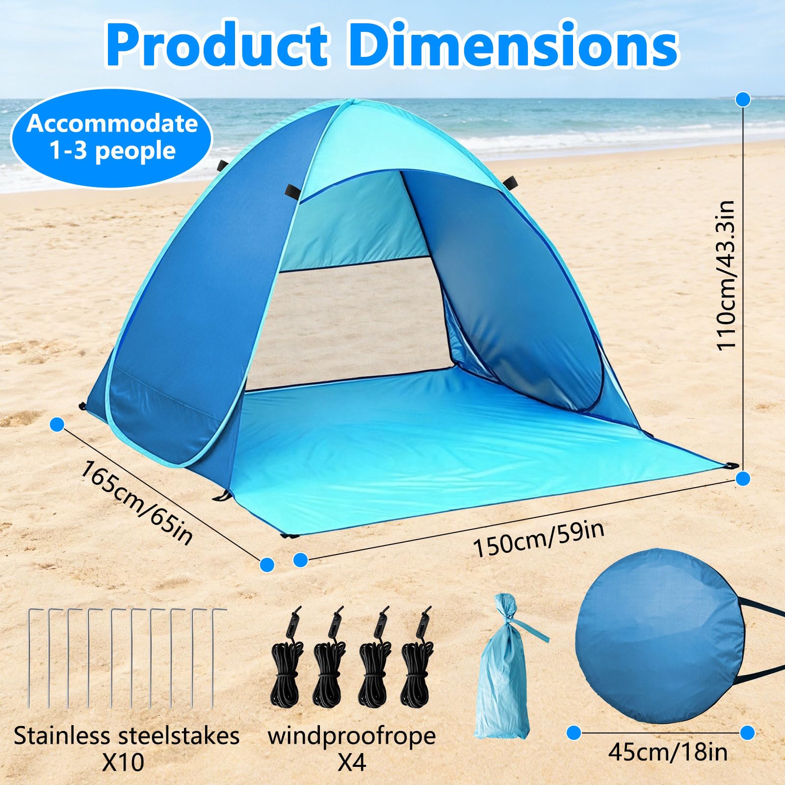 Tenda da Spiaggia Pop Up, Protezione Solare UPF 50+ Dai Raggi UV, Antivento, per 1-3 Persone, Include Custodia per il Trasporto e Picchetti, per Campeggio in Famiglia, Giardini e Spiagge (Blu)