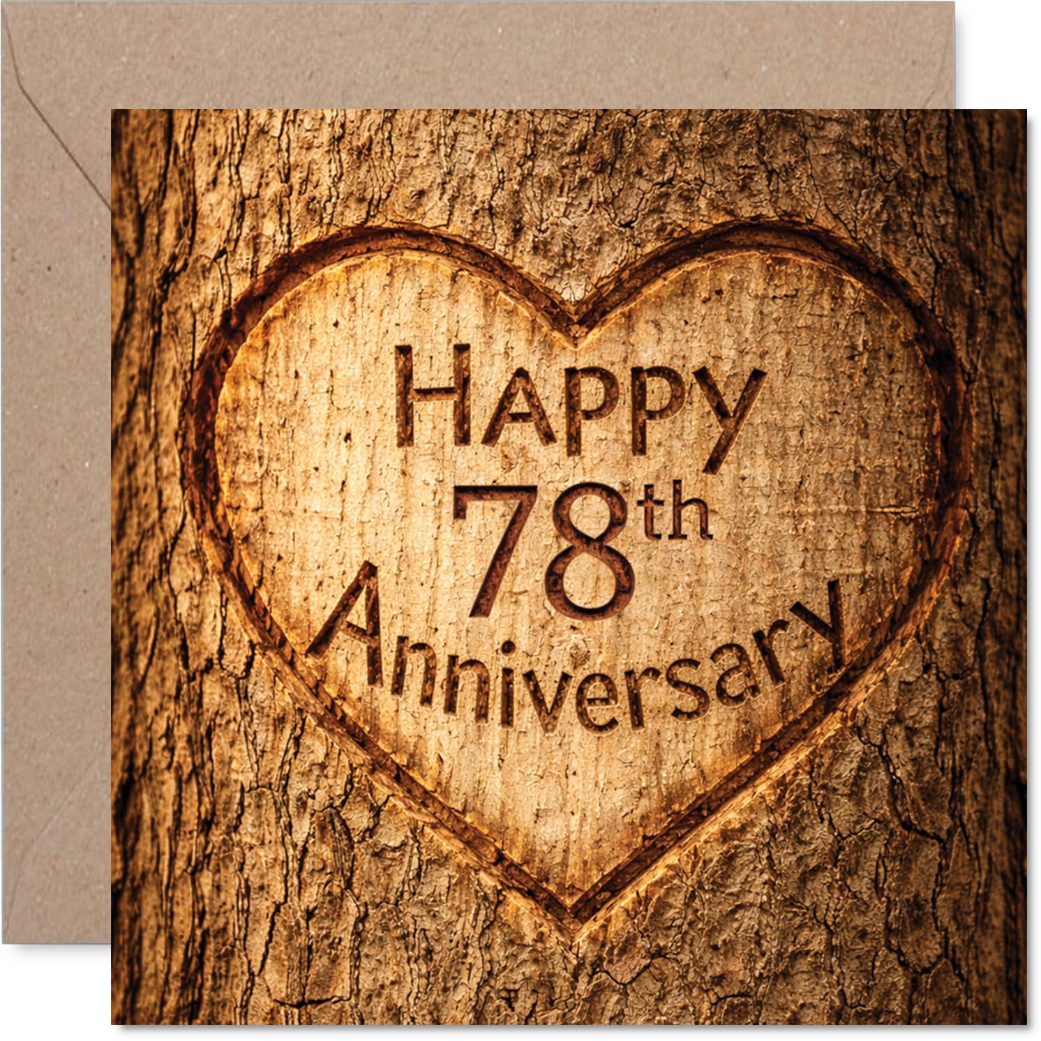 Heartfelt 78th Anniversary Card - Rustic Charm Meets Romance - Carved Heart on Wood-inspired Design - Captures a Lifetime of Love - 145mm Square, Envelope Included
