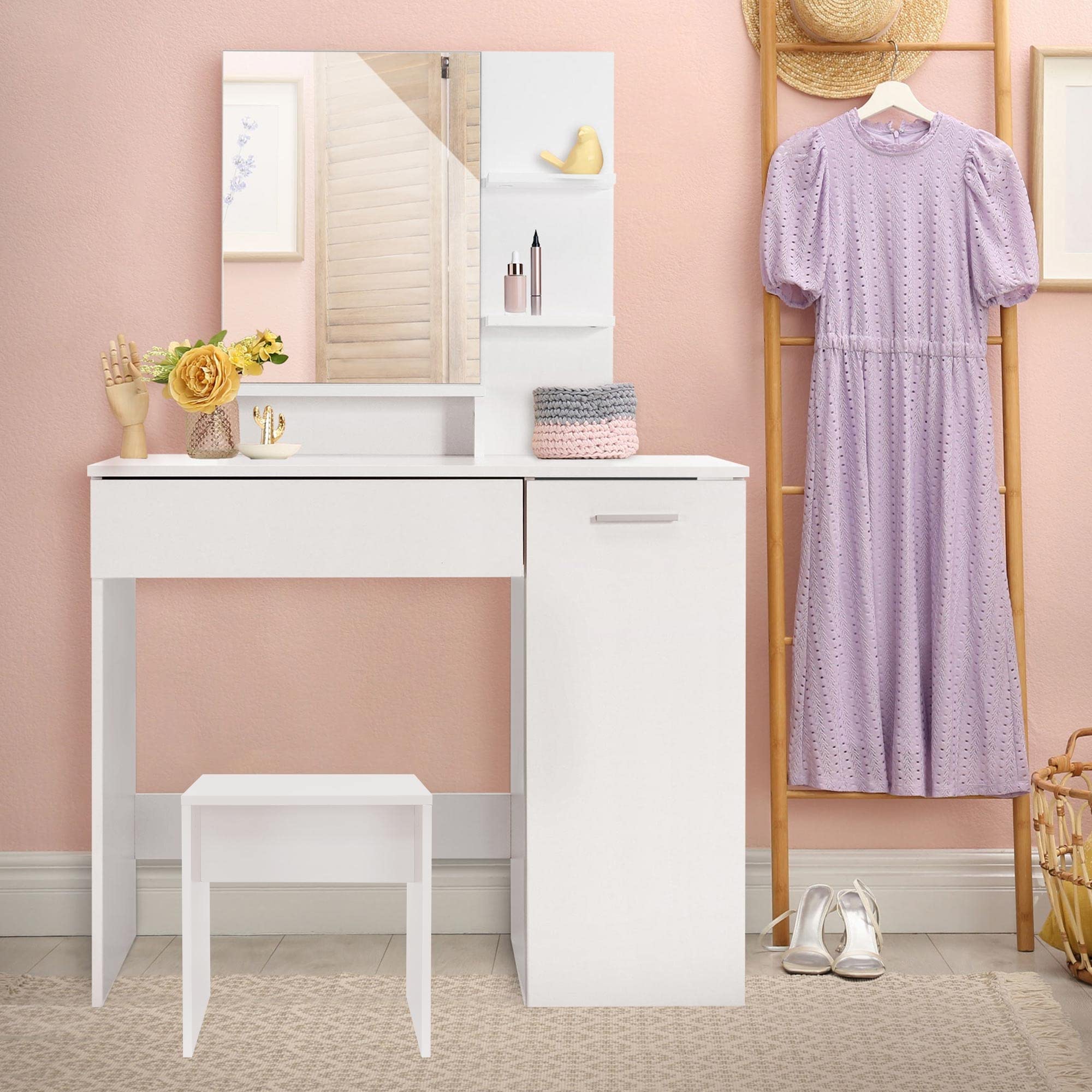 ML-Design Juego De Tocador con Taburete 90 x 38 x 138 cm Blanco Moderno con Espejo 2 Cajones 3 Compartimentos Abiertos Mesa de Maquillaje Cosméticos Almacenamiento Tablero De Aglomerado Dormitorio