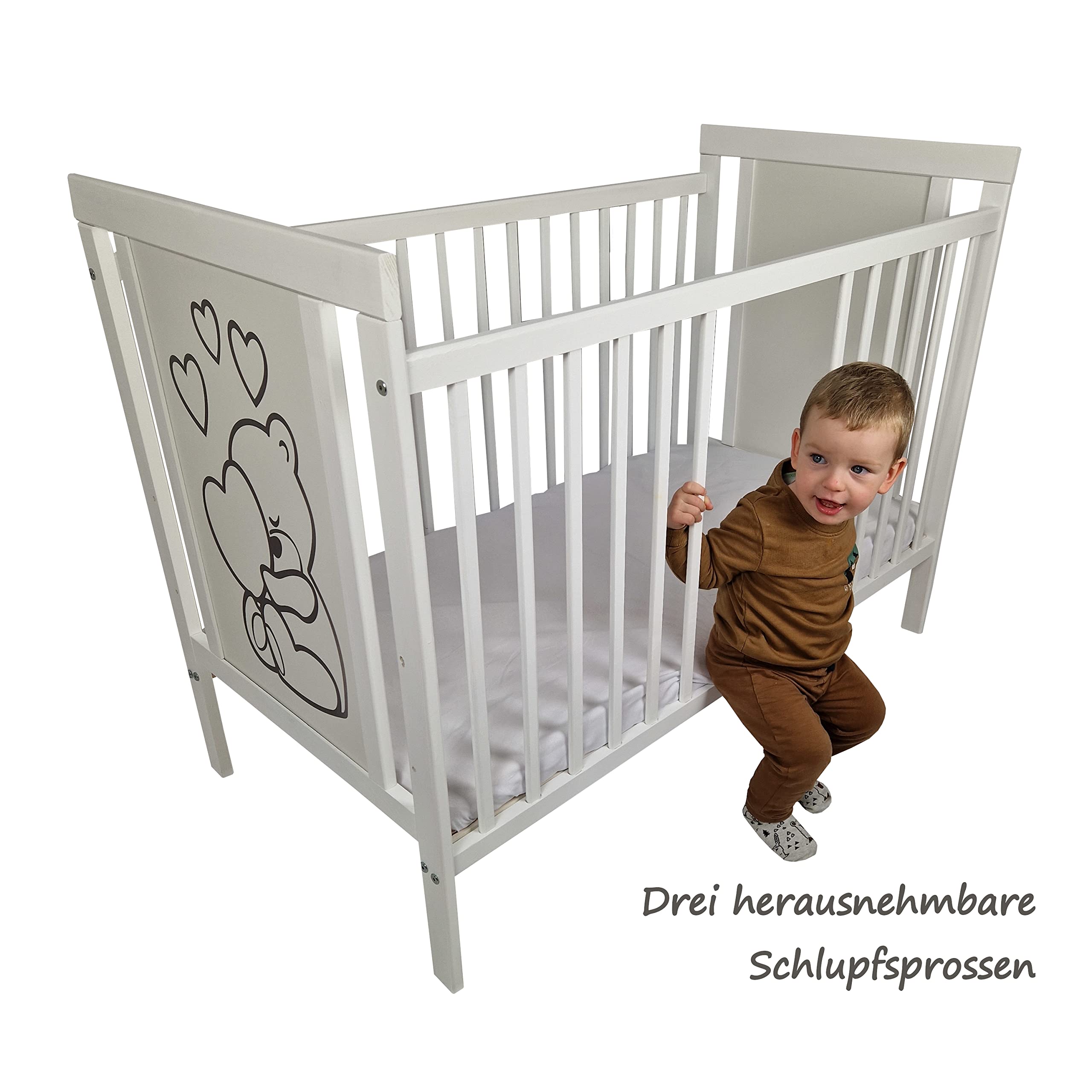 Juego Completo de 16 Piezas de Cuna y Ropa de Cama Timmi Incl. colchón Regulable en Altura para recién Nacidos y niños pequeños de Madera Maciza (Teddy Bear Moon - Azul)