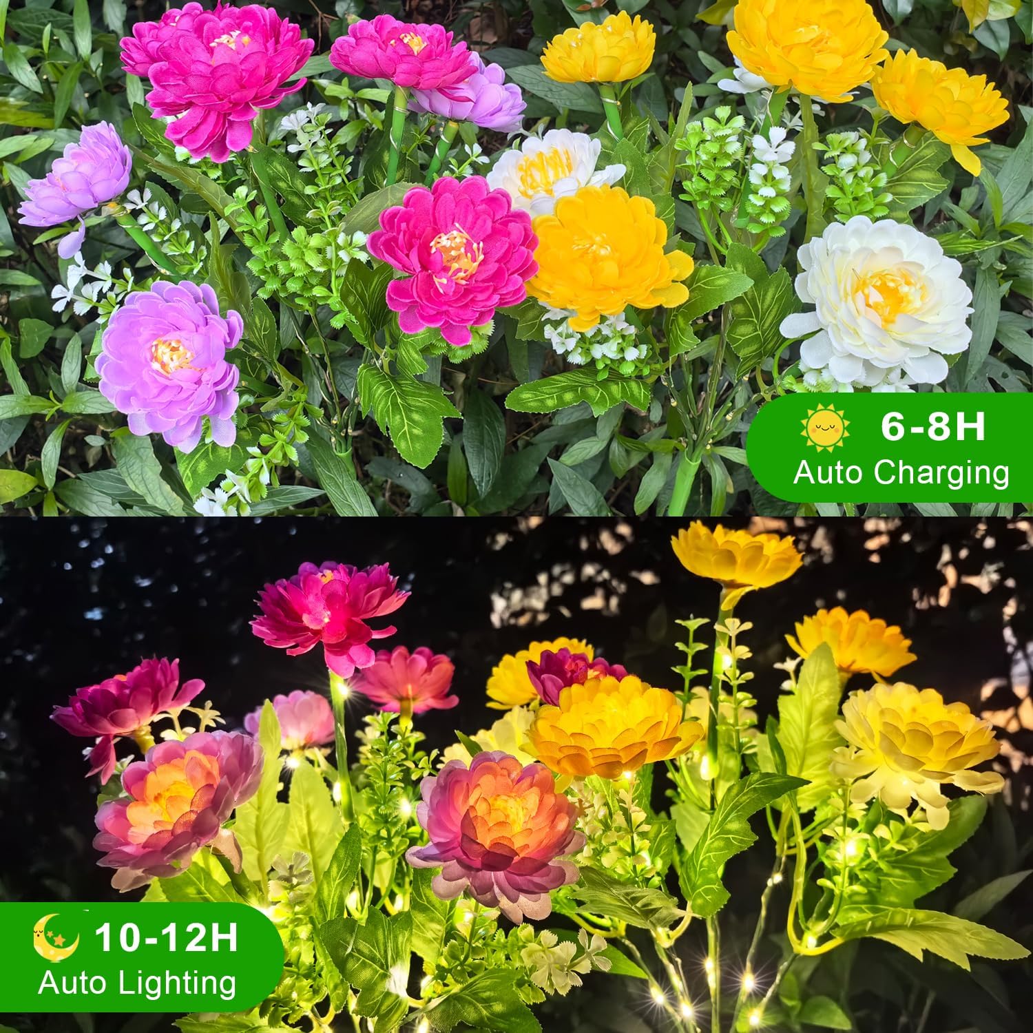 Solar Flowers Lights, 2 Pack Solar-Powered Outdoor Light with 14 Blooming Flowers, Waterproof Lights for Outside Yard, Garden, Pathway, Walkway, Patio, Lawn, Cemetery, Grave Decor