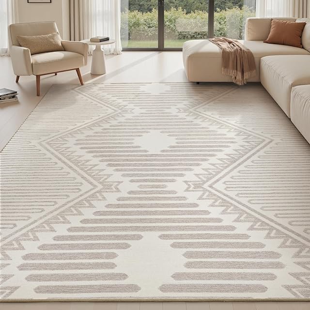 Area Rug for Living Room Rug 8x10 High Low Textured Jacquard Tufted Boho Geometric Washable Bedroom Rug Carpet for Dining Room Nursery Non Slip Beige