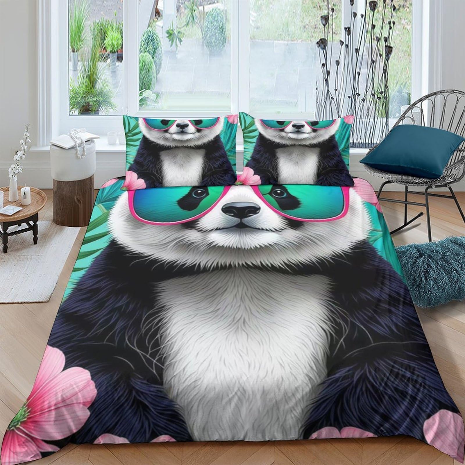Ctjqhvkz Style-5 3D Printed Panda Sunglasses Fitted Sheet Microfiber Soft Animal Bed Cover For Bedroom Dorm Mattress Protection Decor Single（135X200cm）