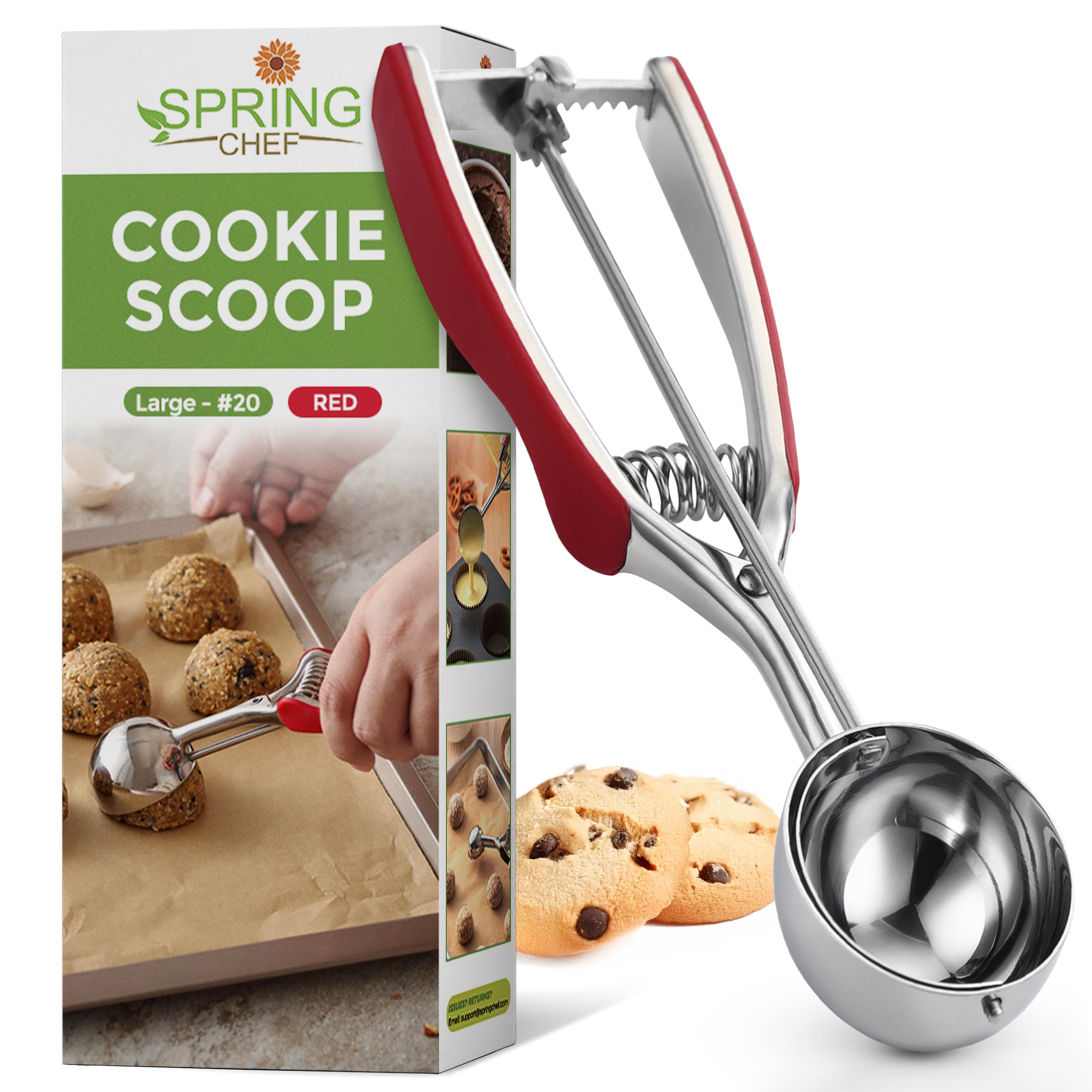 Spring Chef Large Stainless Steel Cookie Scoop, #20, 2.93 Tablespoon, Red