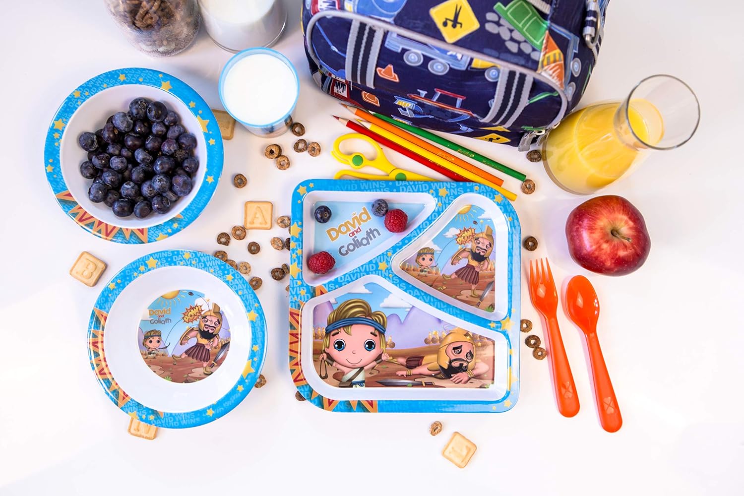 He Loves Me Kids Feeding David and Goliath 3 Piece Sets Toddler Dishes Multicolor, BPA Free, Kids Dinnerware Includes Round Bowl, Divided Plate and Children’s Cup Gift for Birthdays & Graduations