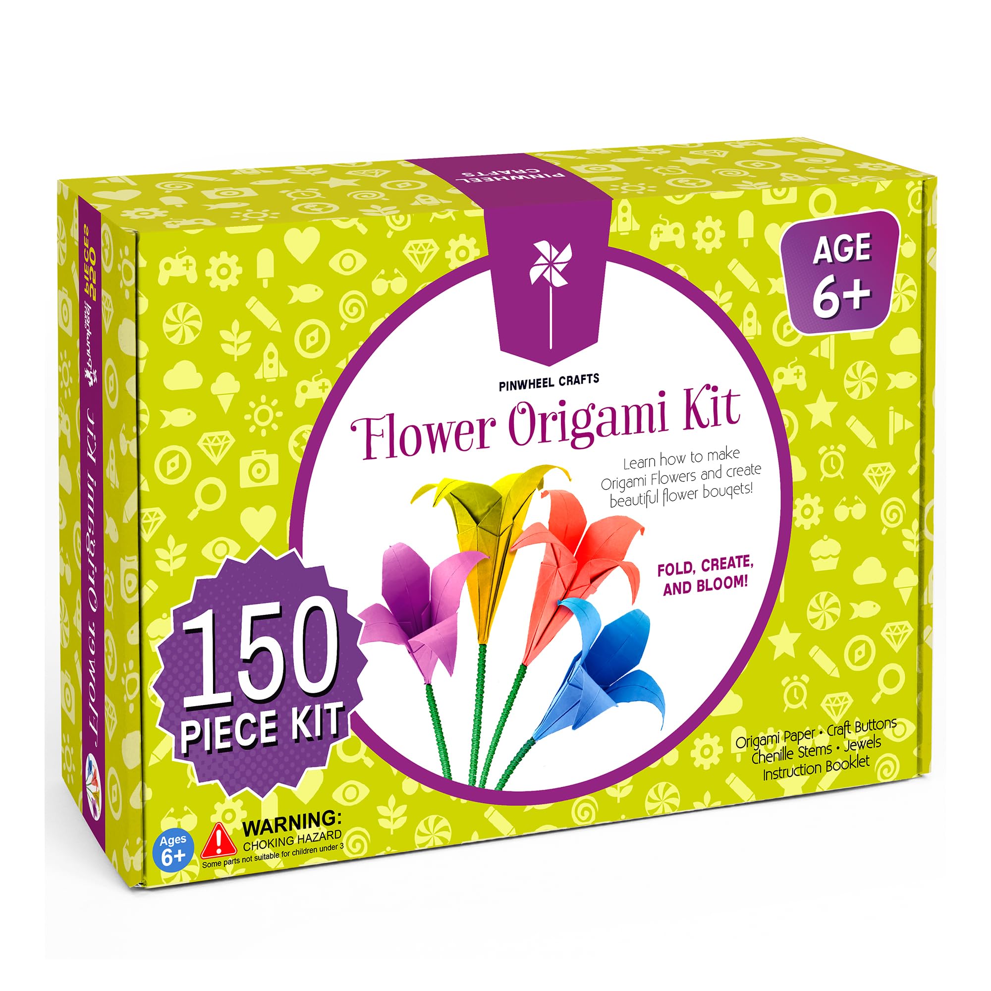 Pinwheel Crafts Flower Origami Kit for Kids Ages 8-12 | 150 Pcs Origami Paper Kit w/Multicolor Folding Papers, Chenille Stems,Buttons and Jewels, Arts and Crafts Paper Book for Kids Ages 6+