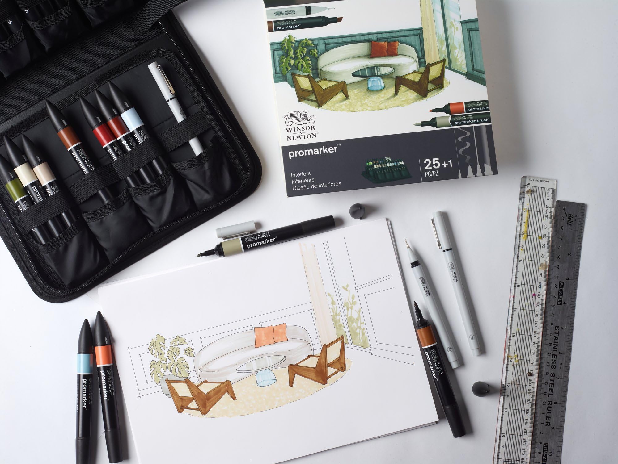 Winsor & Newton Promarker & Fineliner - Set de rotuladores de Diseño de Interiores, Estuche de 26