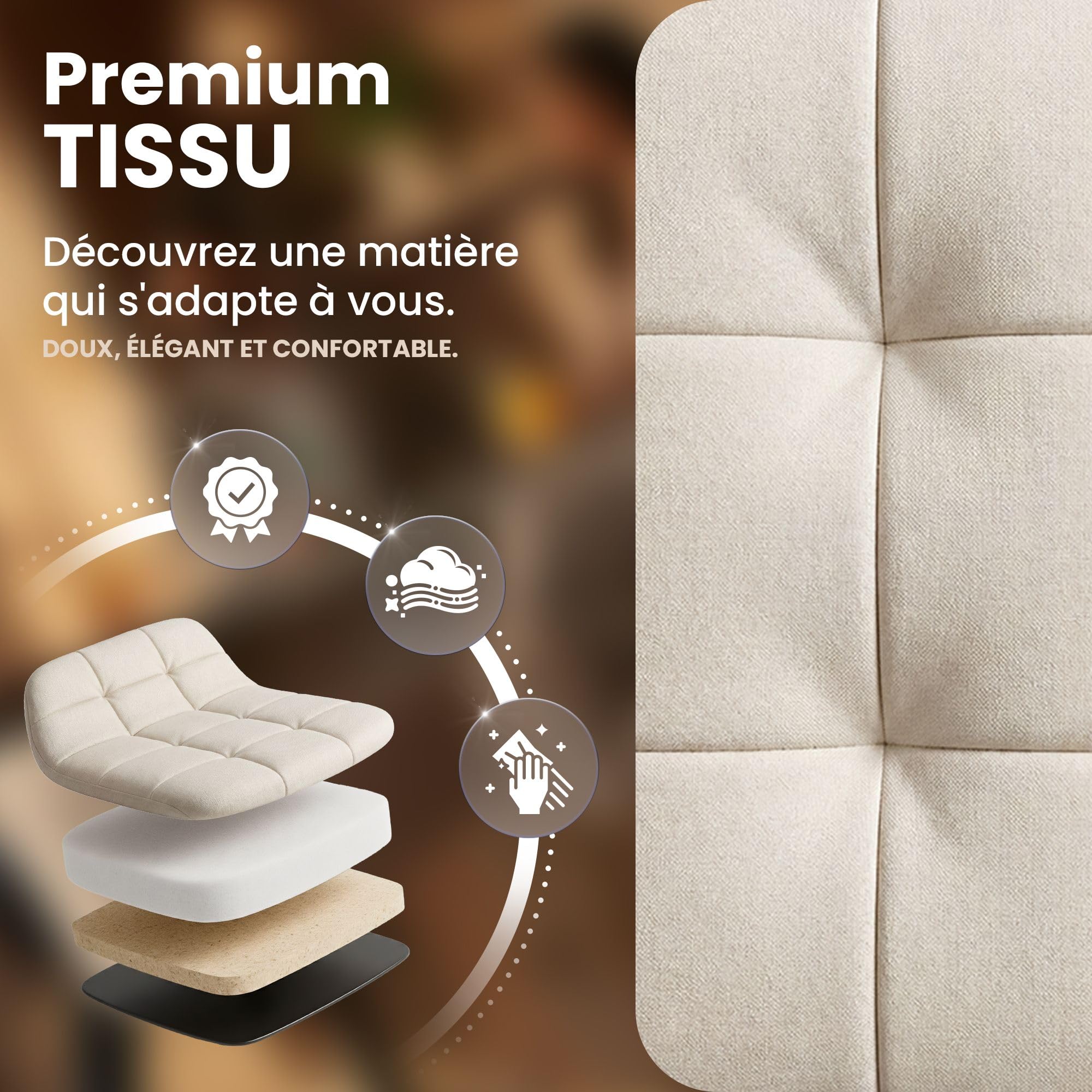 CLP Tabouret de Bar Mapun, Chaise de Bar reglable en Hauteur et pivotante a 360 degres, rembourree, Structure Metallique pour Cuisine, ilot, Couleur:crème, Matériel:Tissu