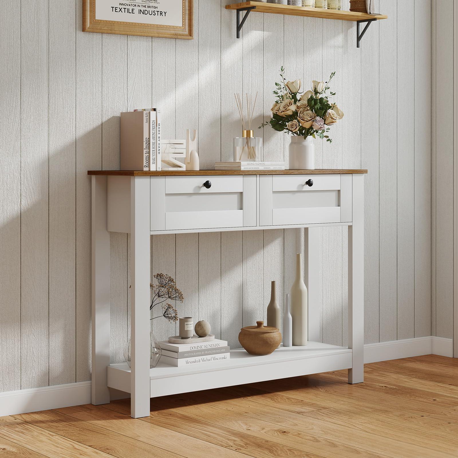 COSTWAY Consola Recibidor con 2 Cajones, Mesa de Entrada Estrecha con Estante Abierto, Mesa Auxiliar con Kits Antivuelco para Salon, Pasillo, Entrada, 106 x 30 x 81,5 cm