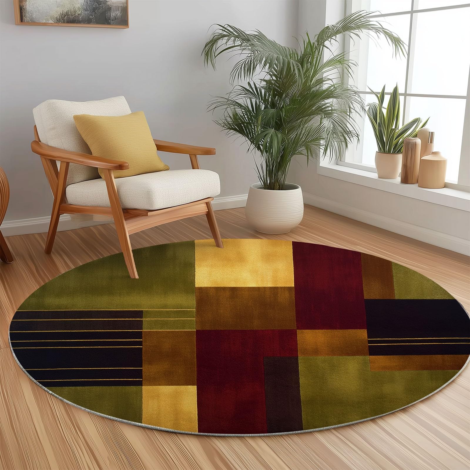 Tapis rond shaggy lavable 150 cm antidérapant vert olive bordeaux pour salon