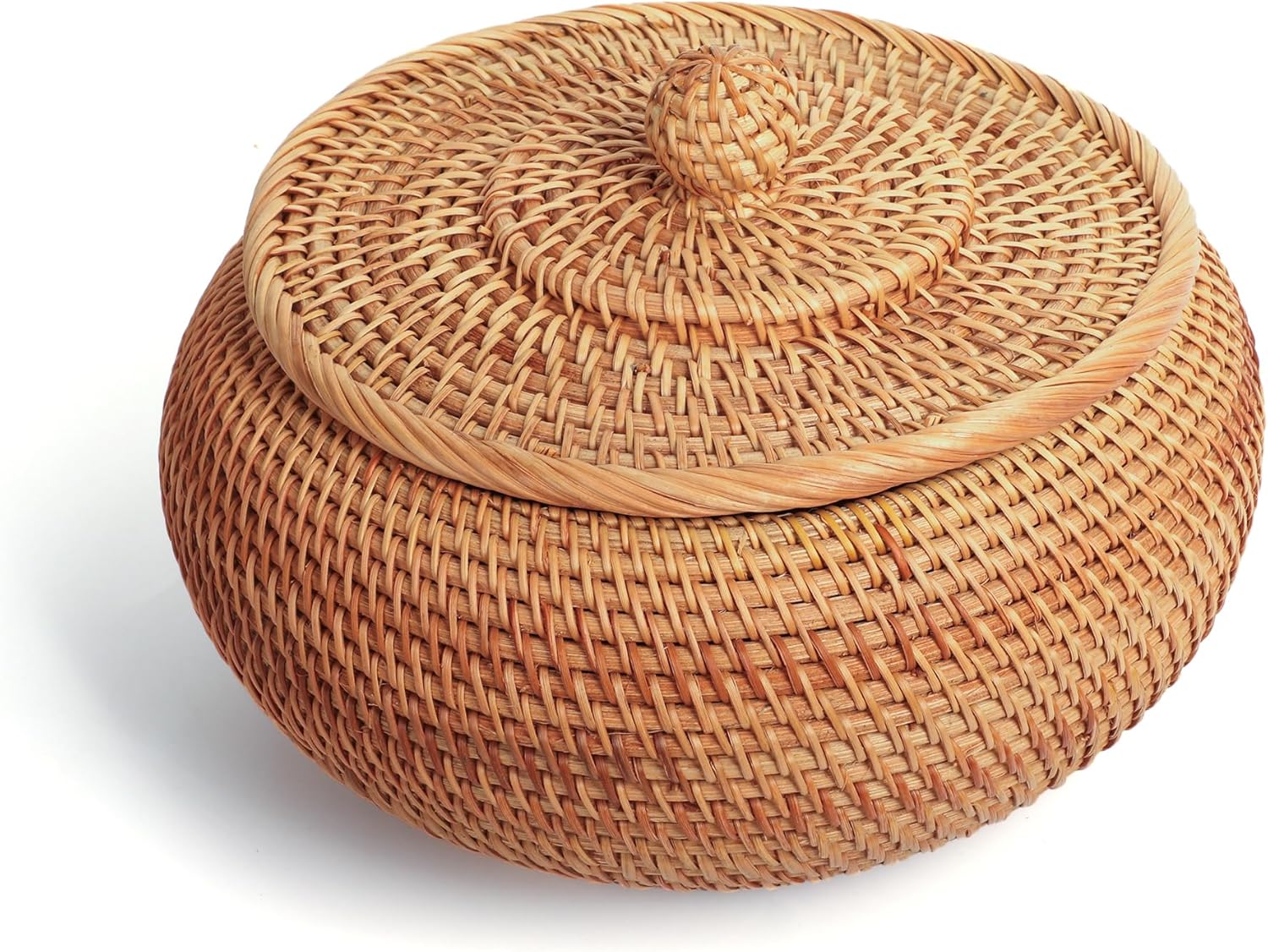 Handwoven Rattan Basket with Lid | Multi-Use Storage Organizer for Kitchen, Living Room & Gifts | Natural Wicker Box(High:9.06″D*6.30″H)