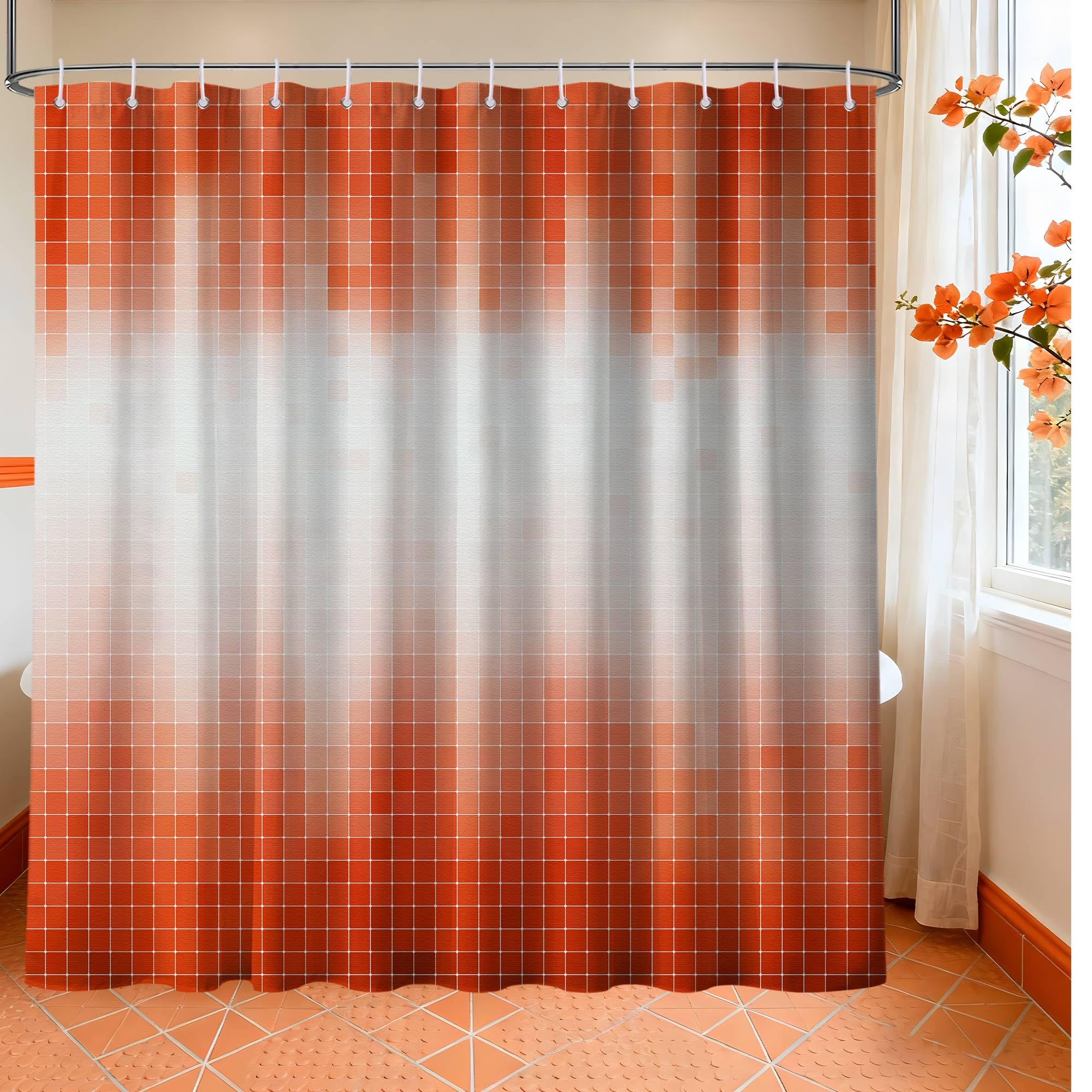 LanZanthic Orange Mosaic Modern Shower Curtains for Bathroom Abstrct Geometric Wet Room Shower Curtain with hooks, Mould Proof Resistant, Waterproof, Washable, Fabric, 180 x 240 cm