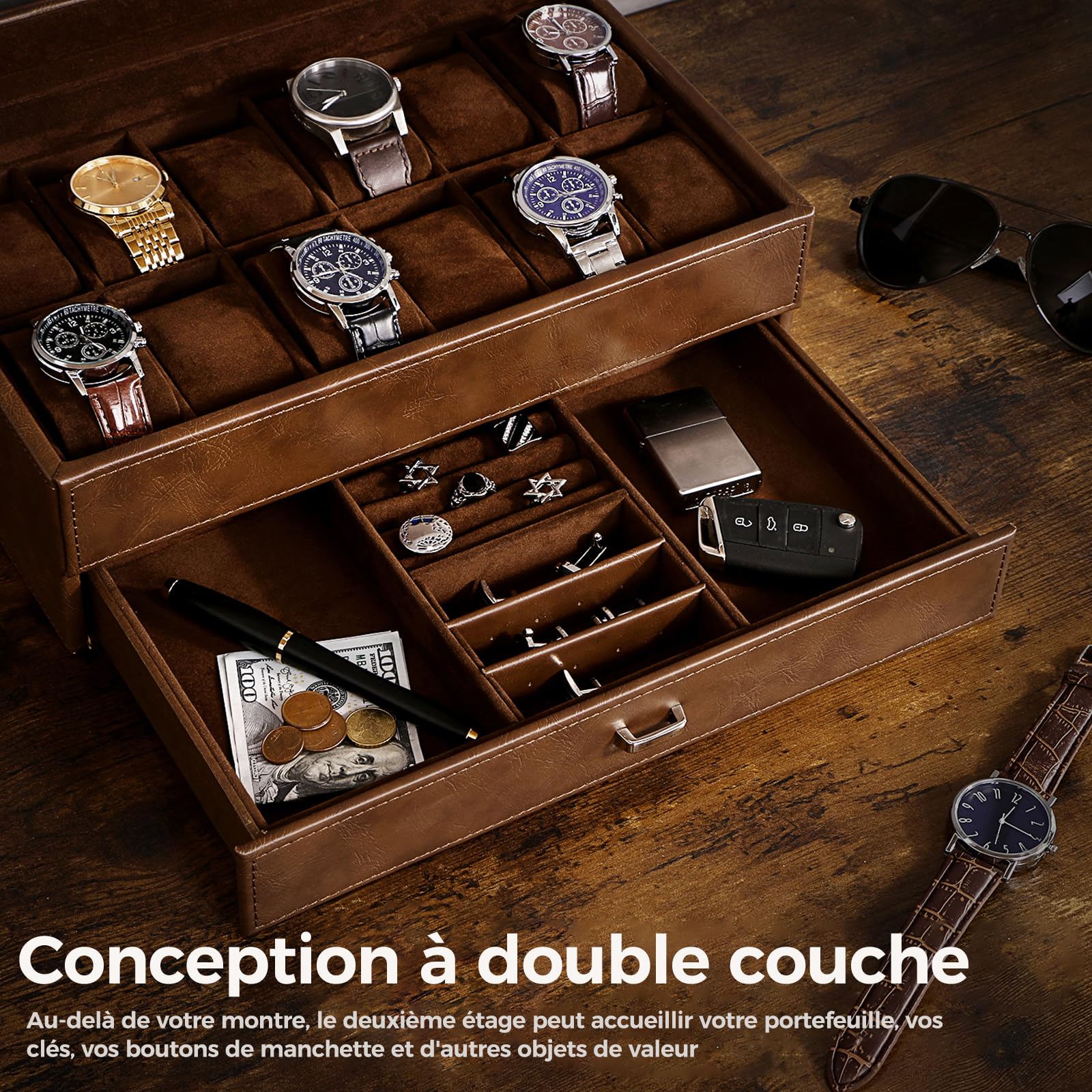 Boite à Montre de Homme, Un Classique 12 compartiments Boite Montre | Grand couvercle en verre Boite a Bijoux Homme et Montres，2e étage Watch Box Boite Rangement Montre, Marron